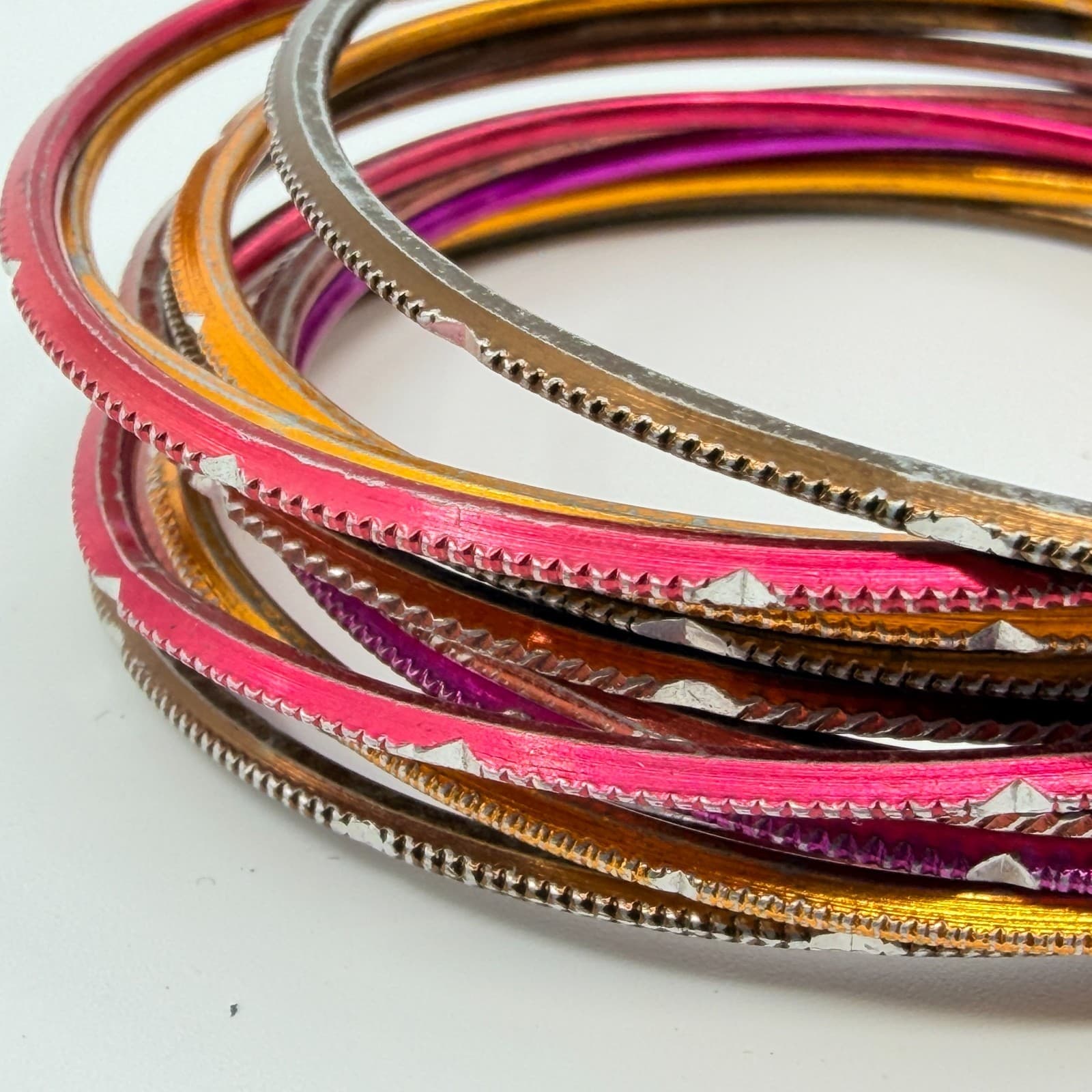 Vintage Y2K Colorful Textured Metal Bangle Bracelets Set Pink Orange Stack 12pc - Thumbnail 2