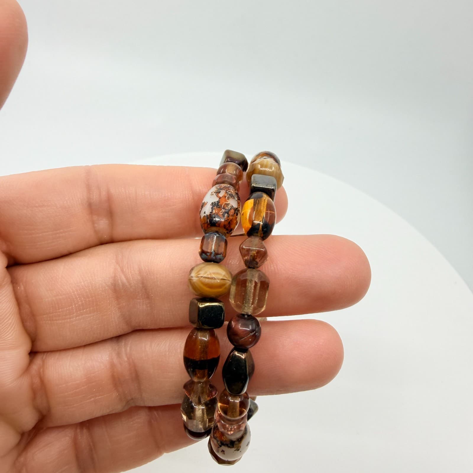 Vintage Boho Earth Tone Amber Tone Brown Agate Style Glass Beaded Wrap Bracelet - Thumbnail 8
