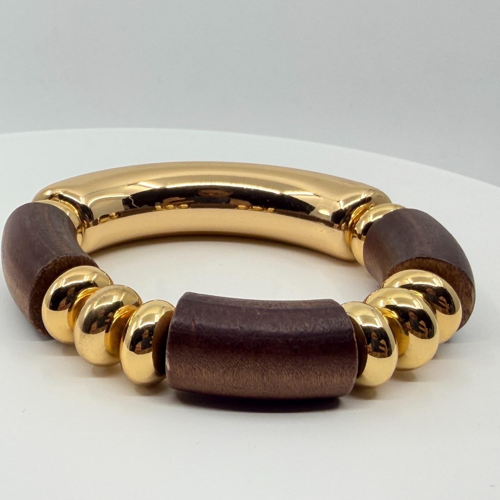 Vintage Retro Chunky Wood Gold Tone Stretch Bracelet Statement Geometric Beaded - Thumbnail 6
