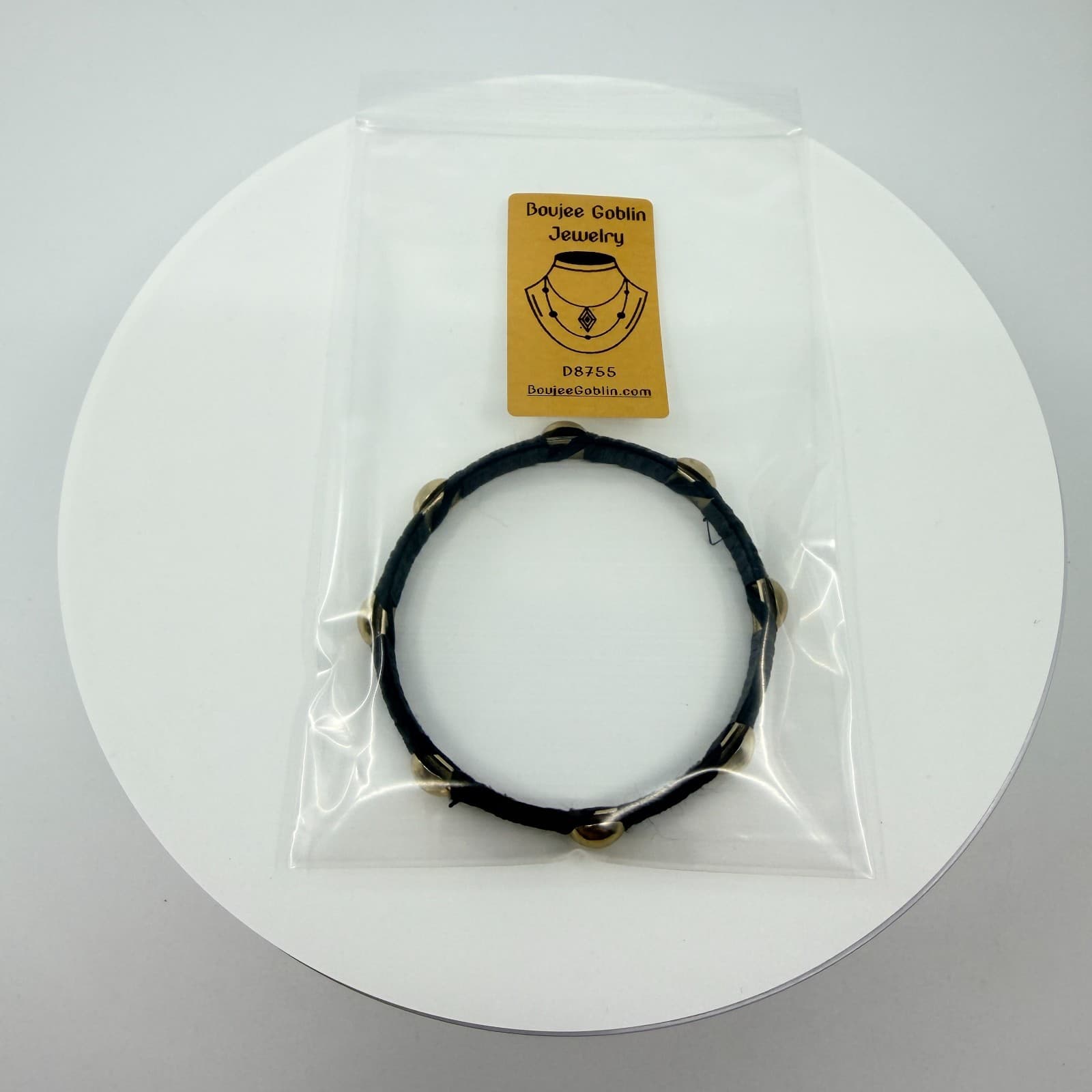Vintage Black Silk Thread Wrapped Gold Tone Studded Bangle Bracelet Classic - Thumbnail 9