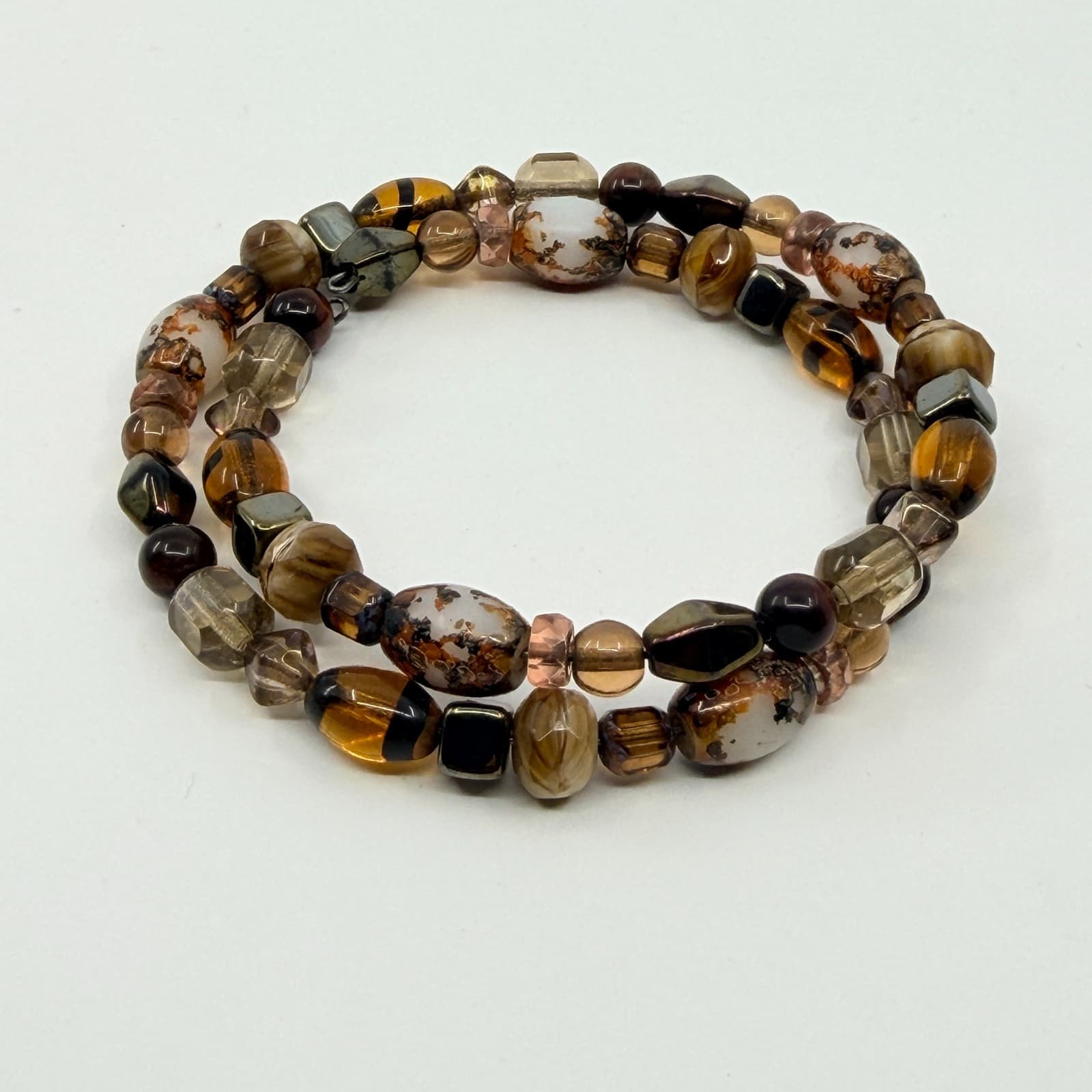 Vintage Boho Earth Tone Amber Tone Brown Agate Style Glass Beaded Wrap Bracelet - Thumbnail 7