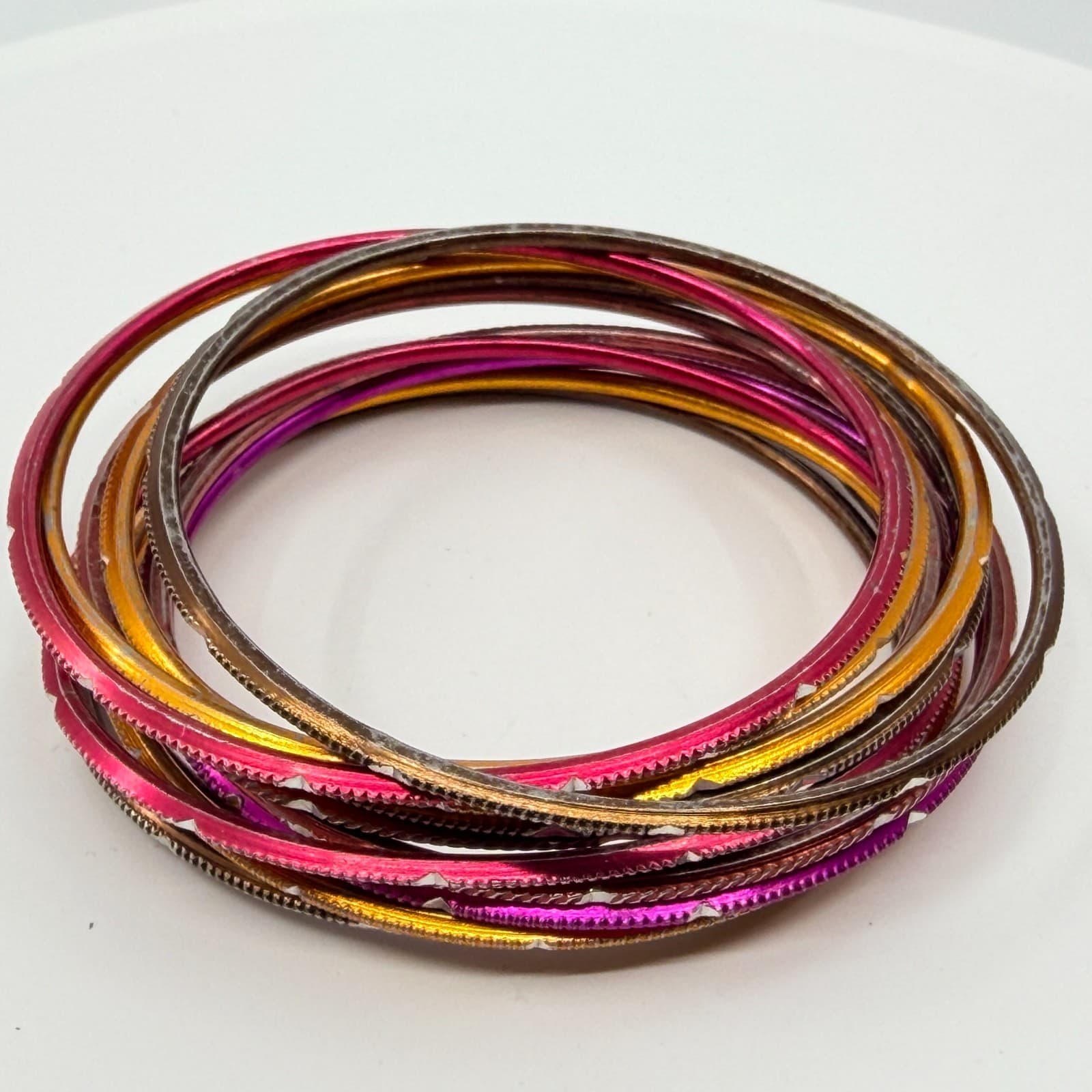 Vintage Y2K Colorful Textured Metal Bangle Bracelets Set Pink Orange Stack 12pc - Thumbnail 3