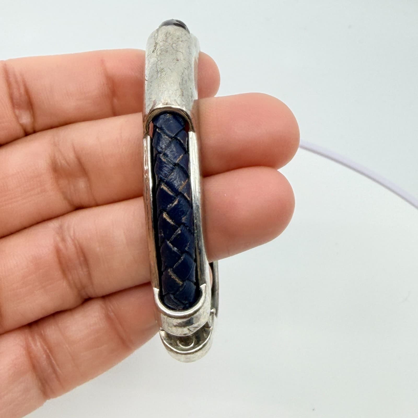 Vintage Braided Blue Leather Silver Tone Hinge Bangle Bracelet Minimalist Cuff - Thumbnail 7