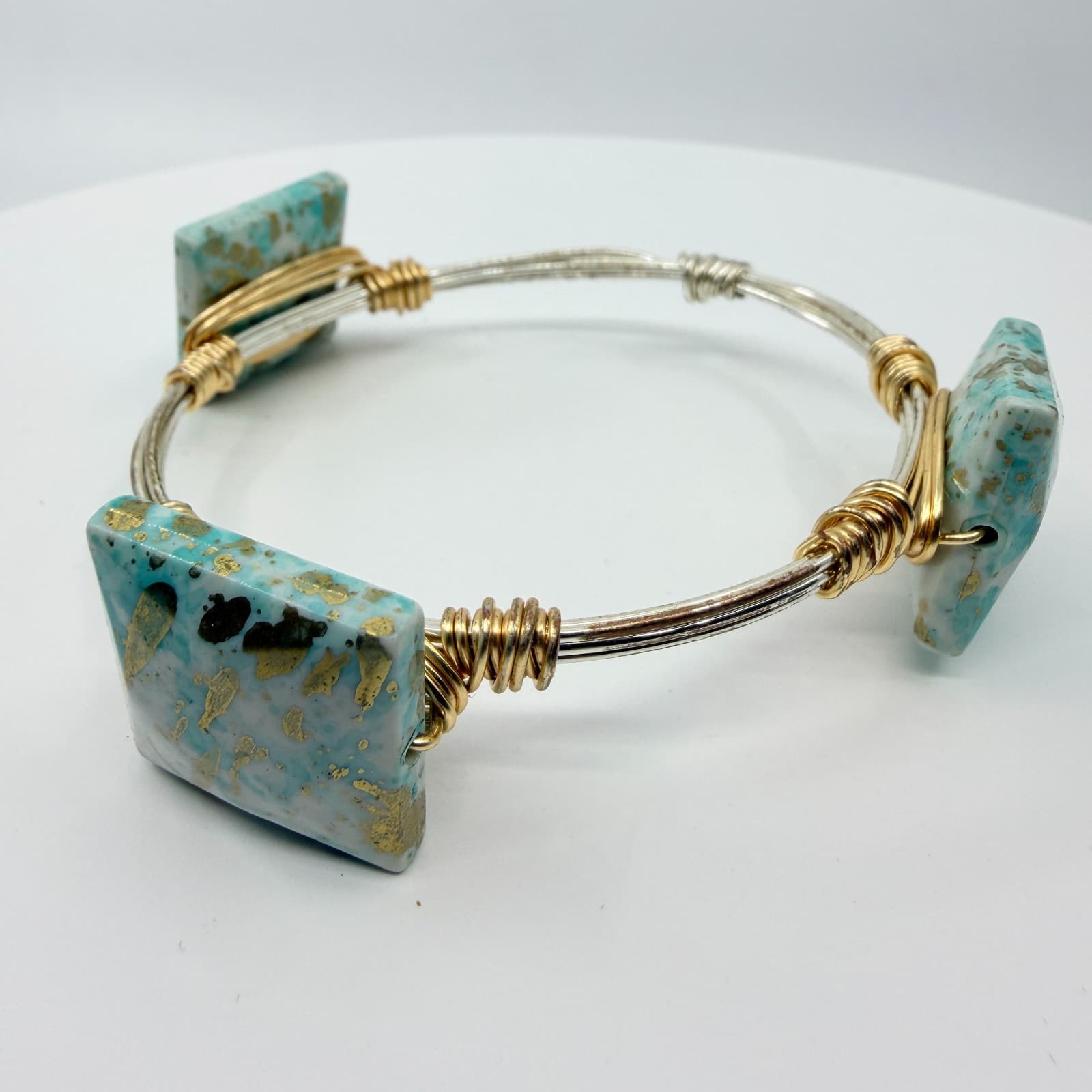 Vintage Wire Wrapped Turquoise Gold Tone Flake Faux Stone Square Bangle Bracelet - Thumbnail 2