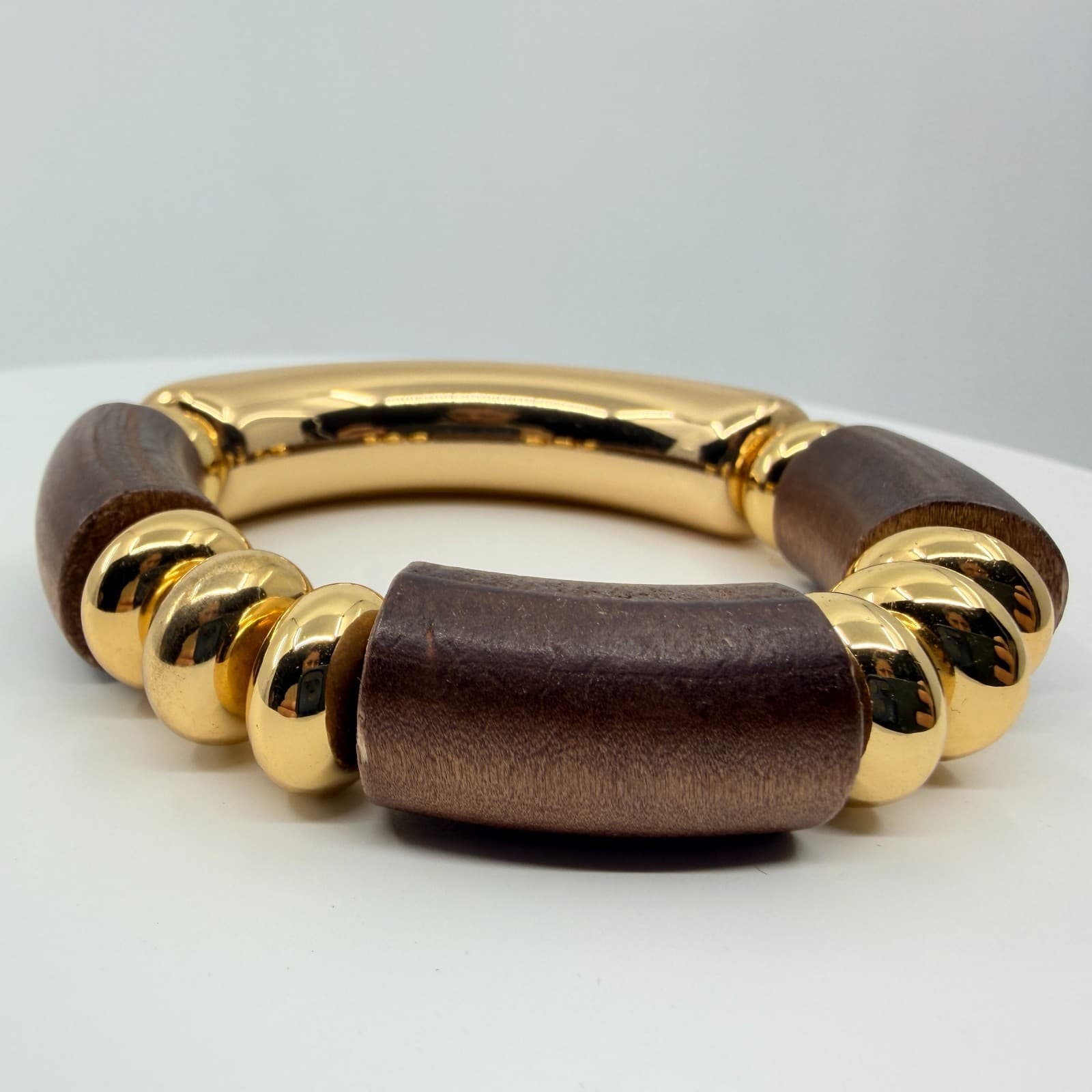 Vintage Retro Chunky Wood Gold Tone Stretch Bracelet Statement Geometric Beaded - Thumbnail 4