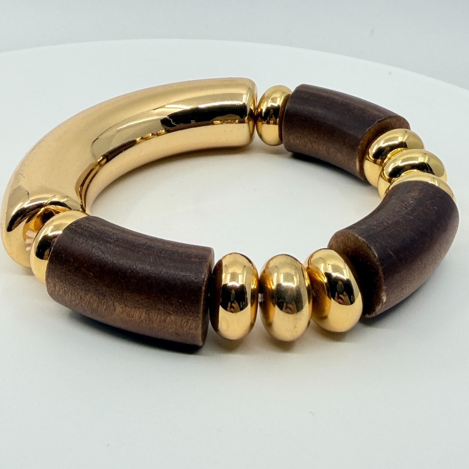 Vintage Retro Chunky Wood Gold Tone Stretch Bracelet Statement Geometric Beaded - Thumbnail 7