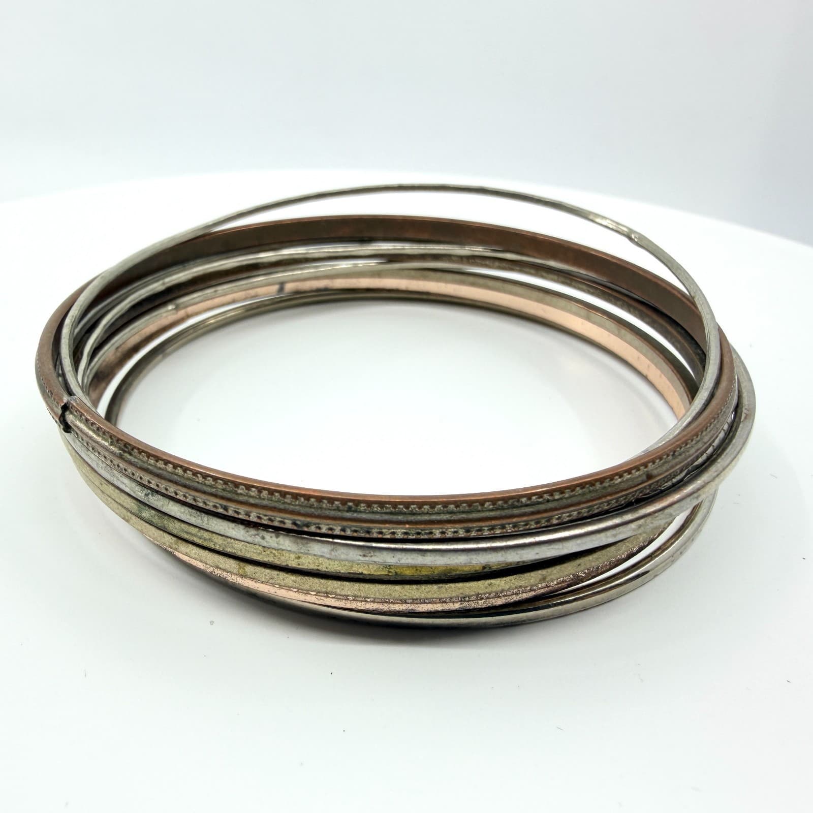 VTG Retro Mixed Metal Stacking Bangle Bracelet Set Tri Tone Textured Geometric - Thumbnail 2