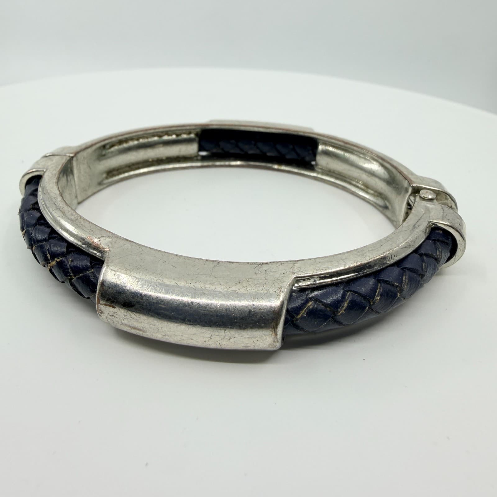 Vintage Braided Blue Leather Silver Tone Hinge Bangle Bracelet Minimalist Cuff - Thumbnail 2
