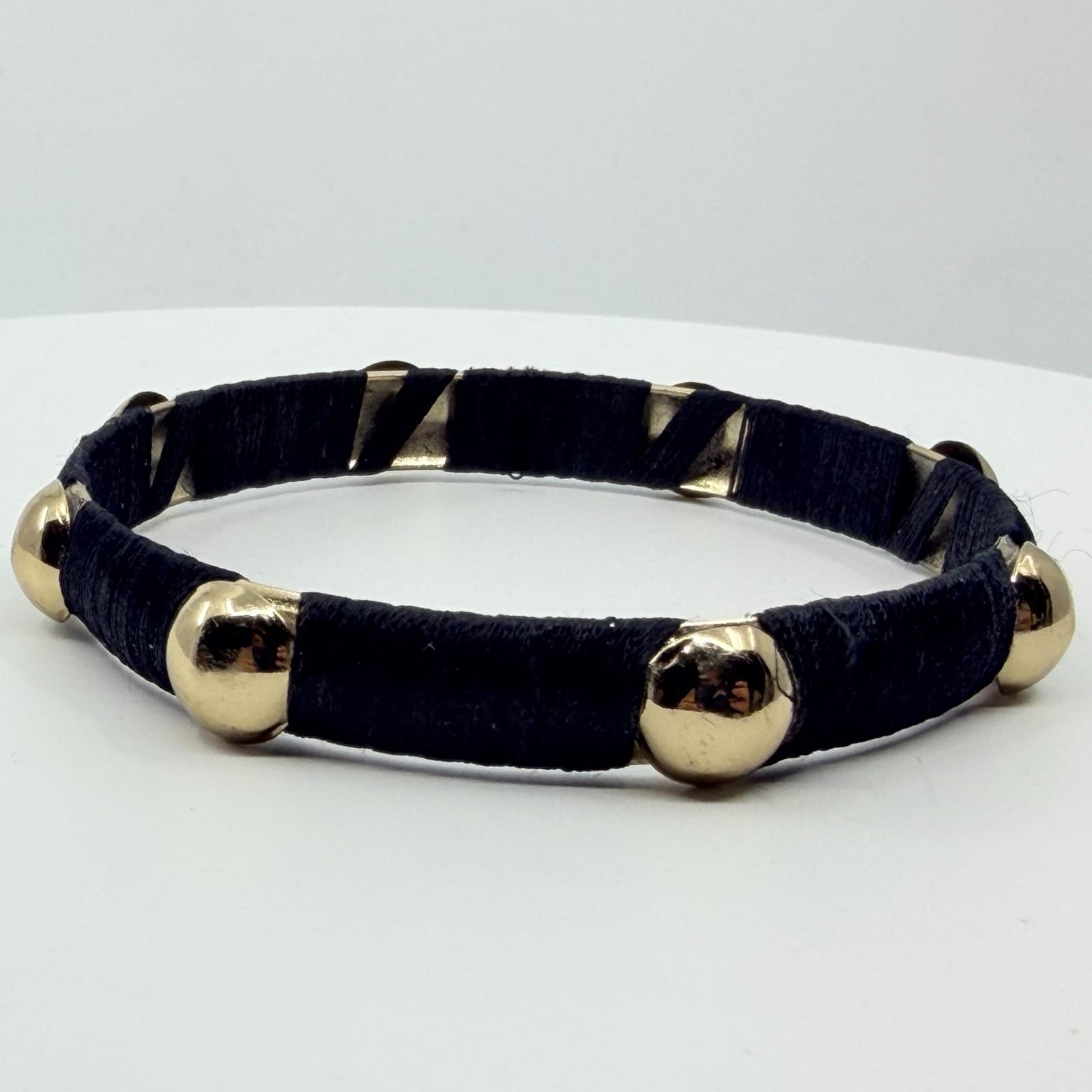 Vintage Black Silk Thread Wrapped Gold Tone Studded Bangle Bracelet Classic - Thumbnail 5
