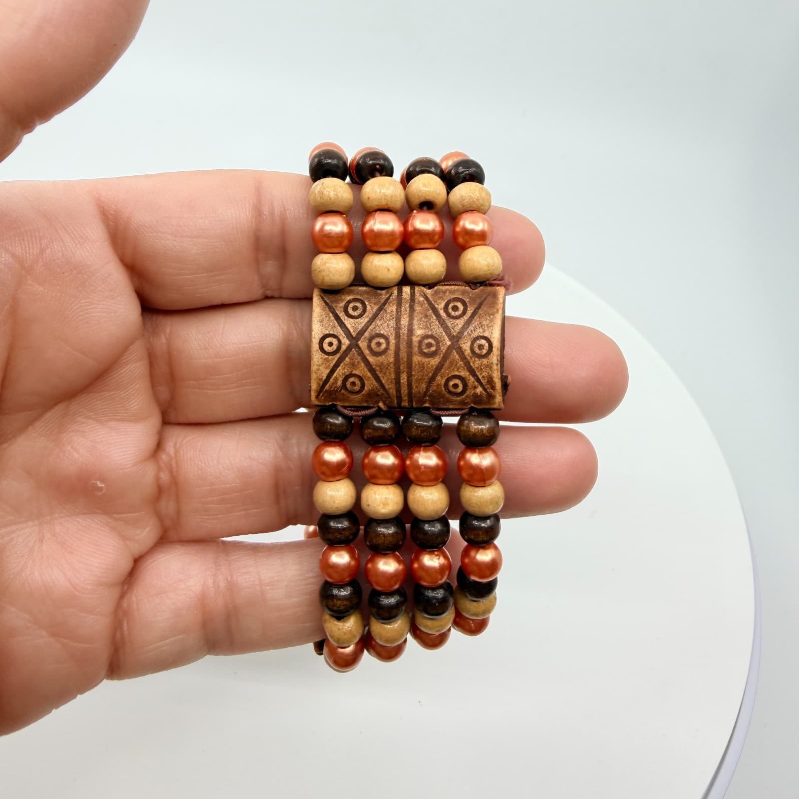 Vintage Multi Strand Wood Bead Cuff Bracelet Brown Copper Tone Tribal Boho Retro - Thumbnail 8