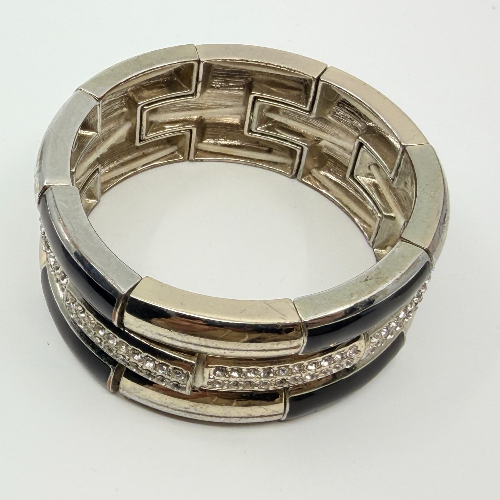 Vintage Y2K Silver Tone Black Enamel Rhinestone Triple Row Stretch Cuff Bracelet - Thumbnail 7