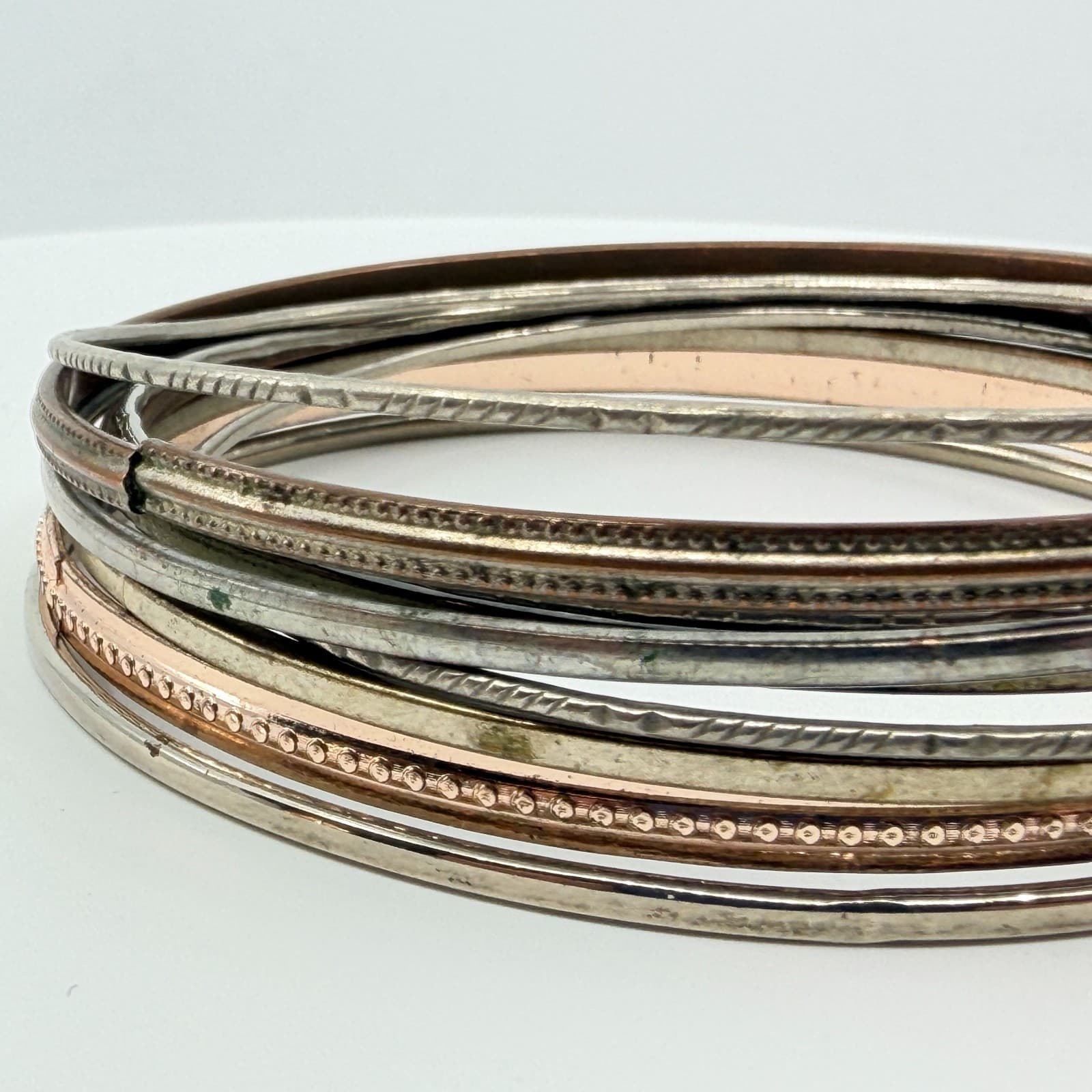 VTG Retro Mixed Metal Stacking Bangle Bracelet Set Tri Tone Textured Geometric - Thumbnail 4