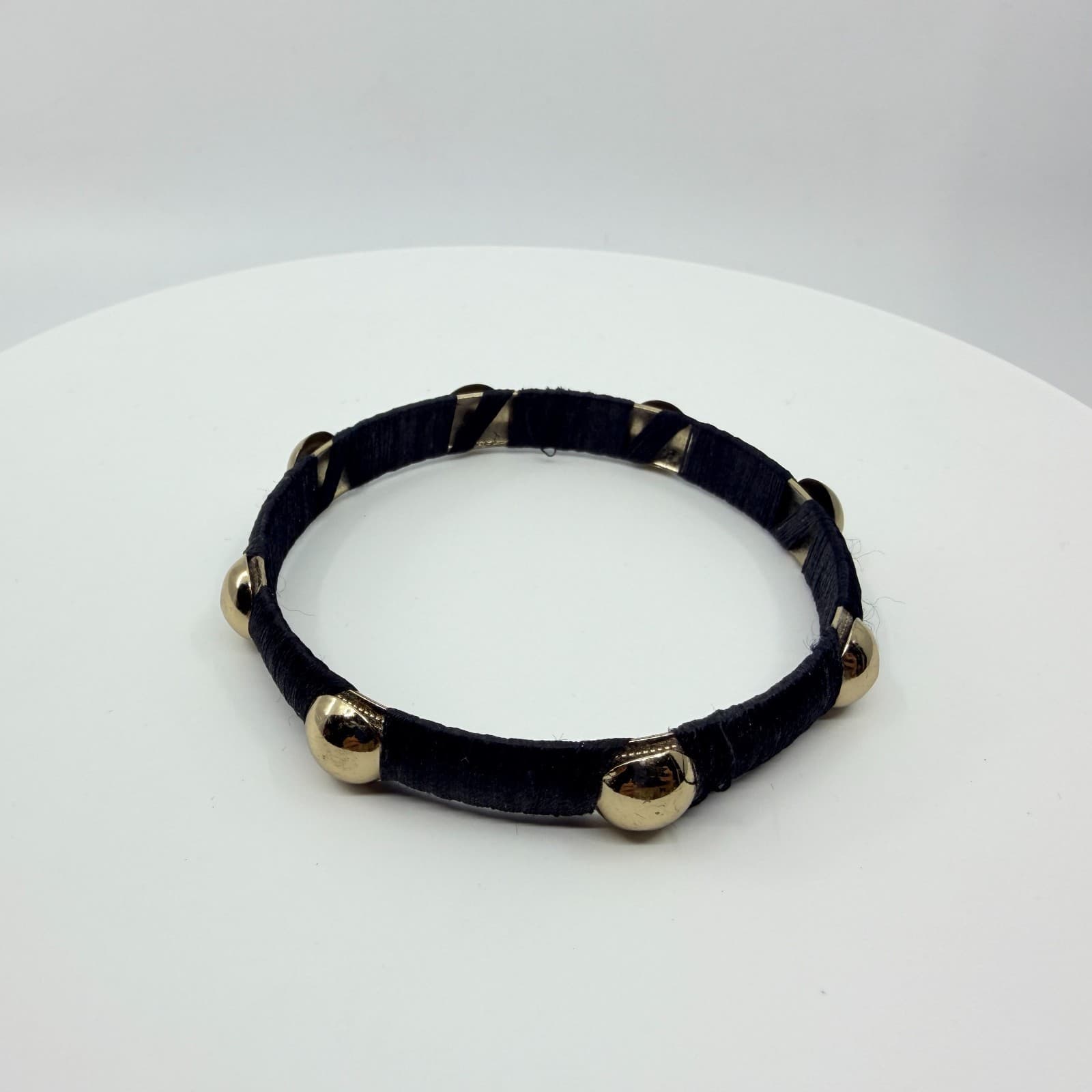 Vintage Black Silk Thread Wrapped Gold Tone Studded Bangle Bracelet Classic - Thumbnail 2