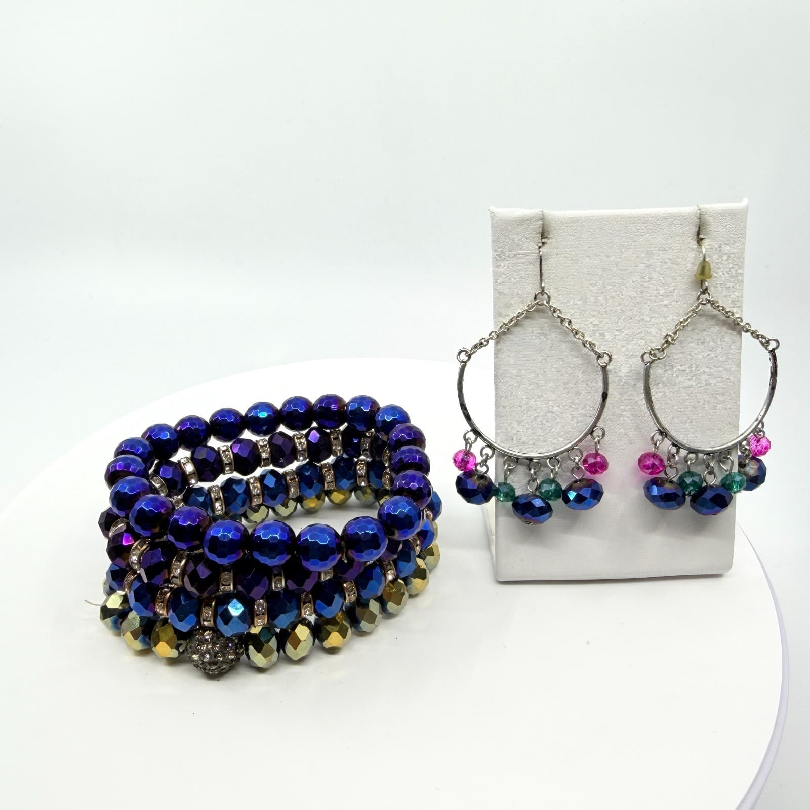 VTG Iridescent Blue Purple Crystal Bead Stretch Bracelet Chandelier Earrings Set