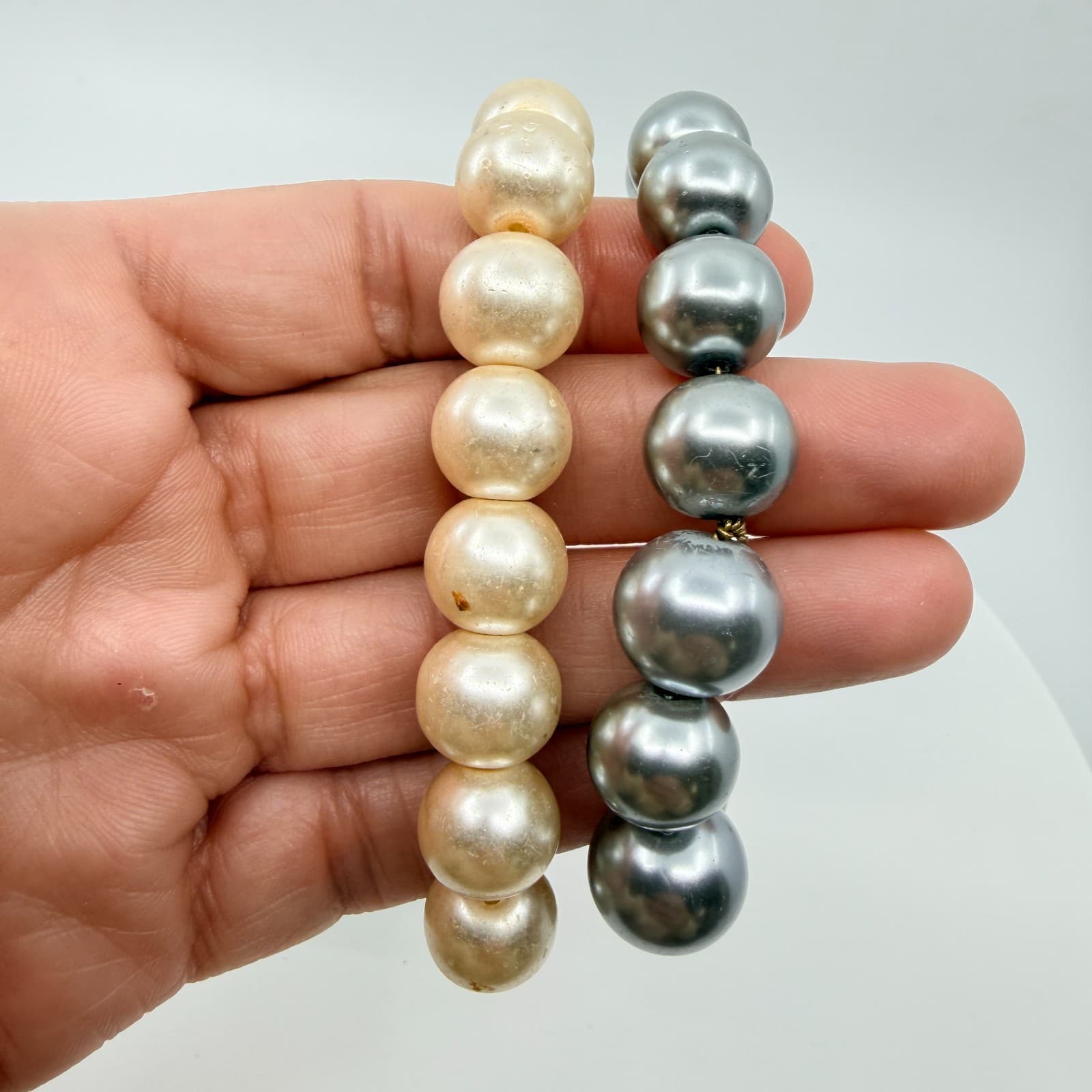 Vintage Chunky Faux Pearl Stretch Bracelet Set Cream Off White Grey Two Piece - Thumbnail 6