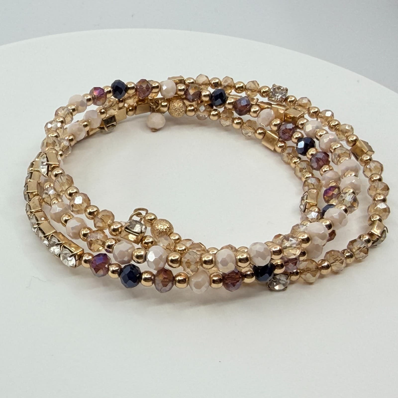 Vintage Y2K Gold Tone Rhinestone Crystal Champagne Beaded Wrap Bracelet Retro - Thumbnail 5