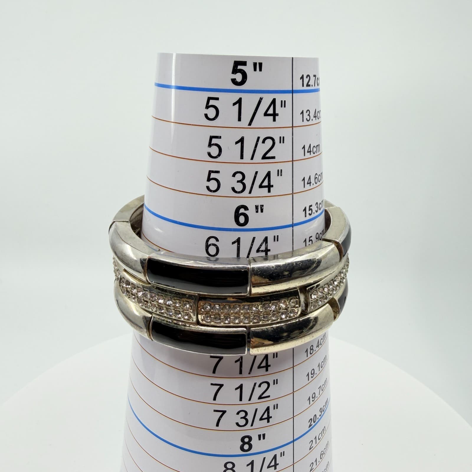Vintage Y2K Silver Tone Black Enamel Rhinestone Triple Row Stretch Cuff Bracelet - Thumbnail 9