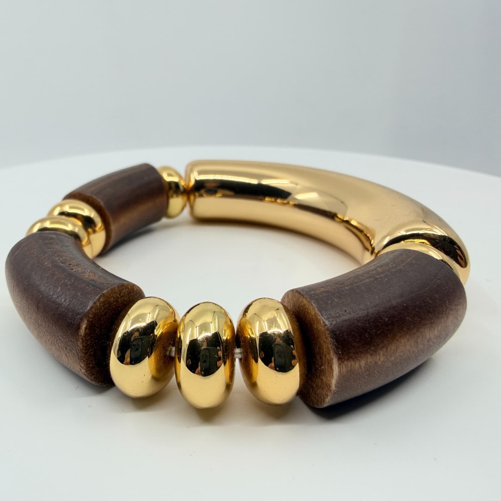 Vintage Retro Chunky Wood Gold Tone Stretch Bracelet Statement Geometric Beaded - Thumbnail 3
