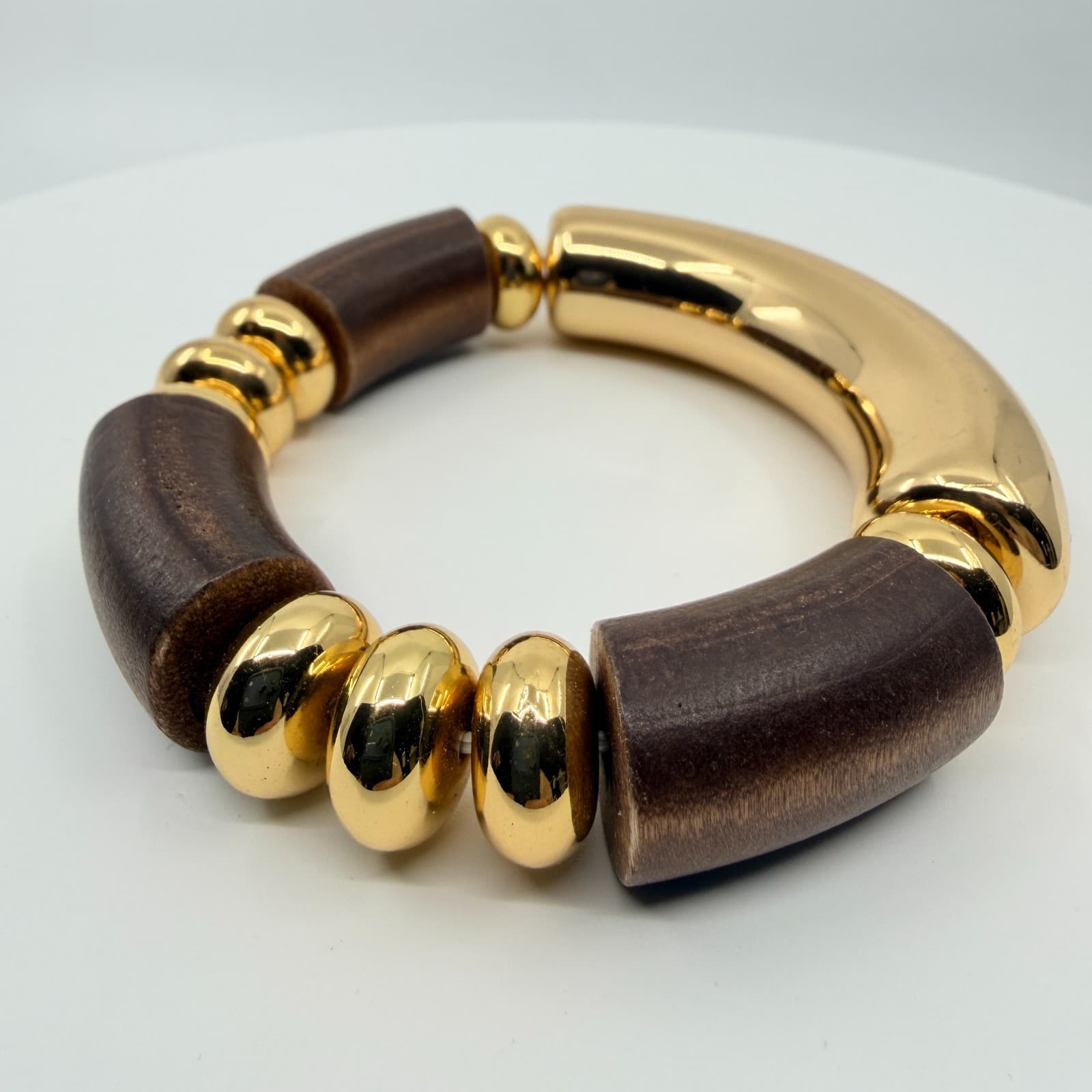 Vintage Retro Chunky Wood Gold Tone Stretch Bracelet Statement Geometric Beaded - Thumbnail 2