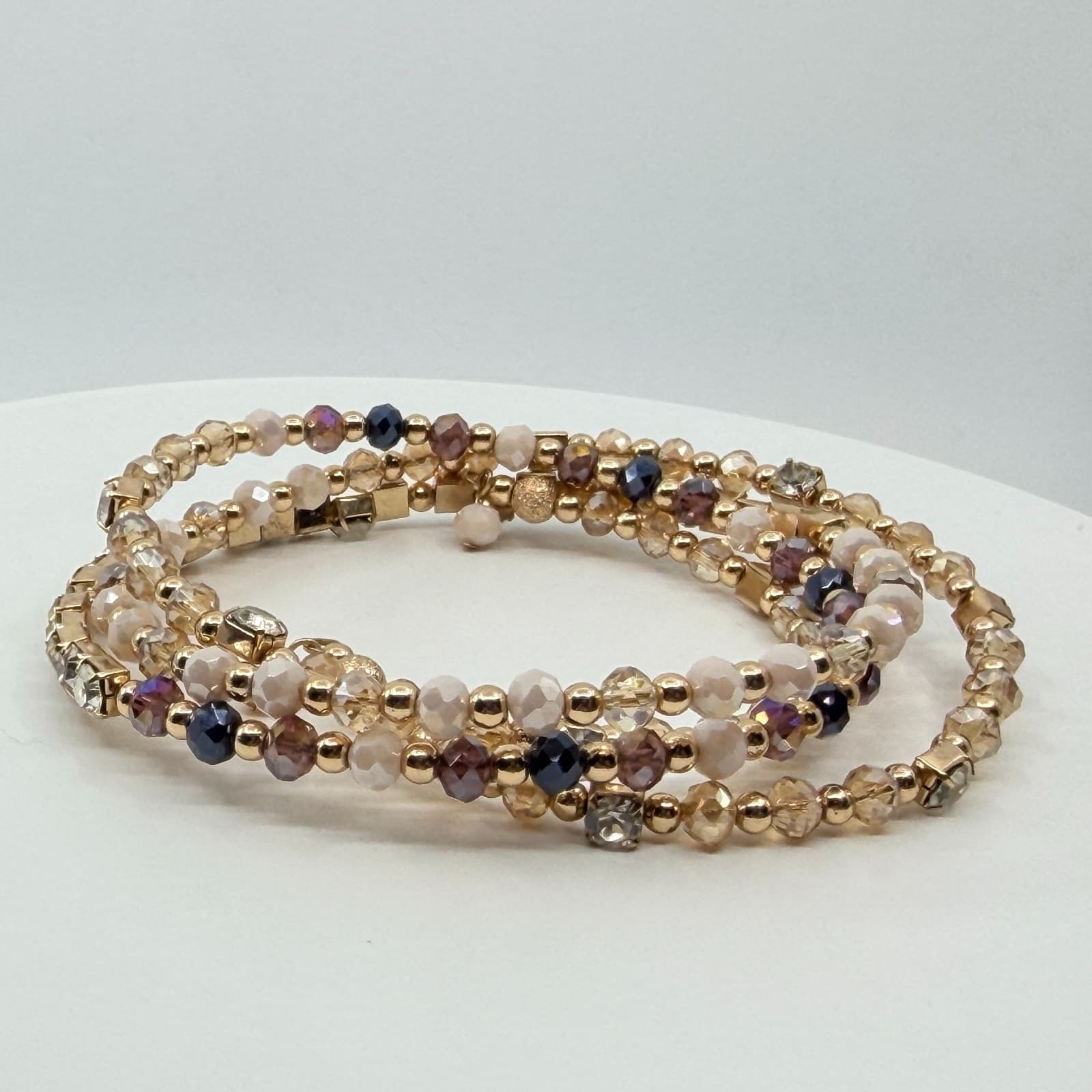 Vintage Y2K Gold Tone Rhinestone Crystal Champagne Beaded Wrap Bracelet Retro - Thumbnail 6