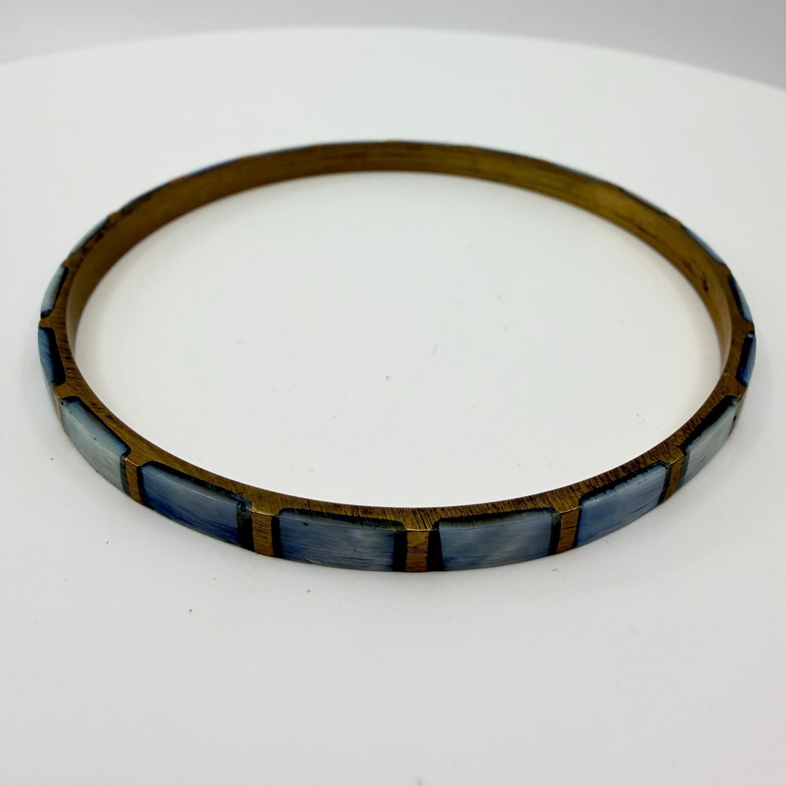 Vintage Brass Tone Blue Mother of Pearl Mosaic Bangle Bracelet Stackable Boho - Thumbnail 2