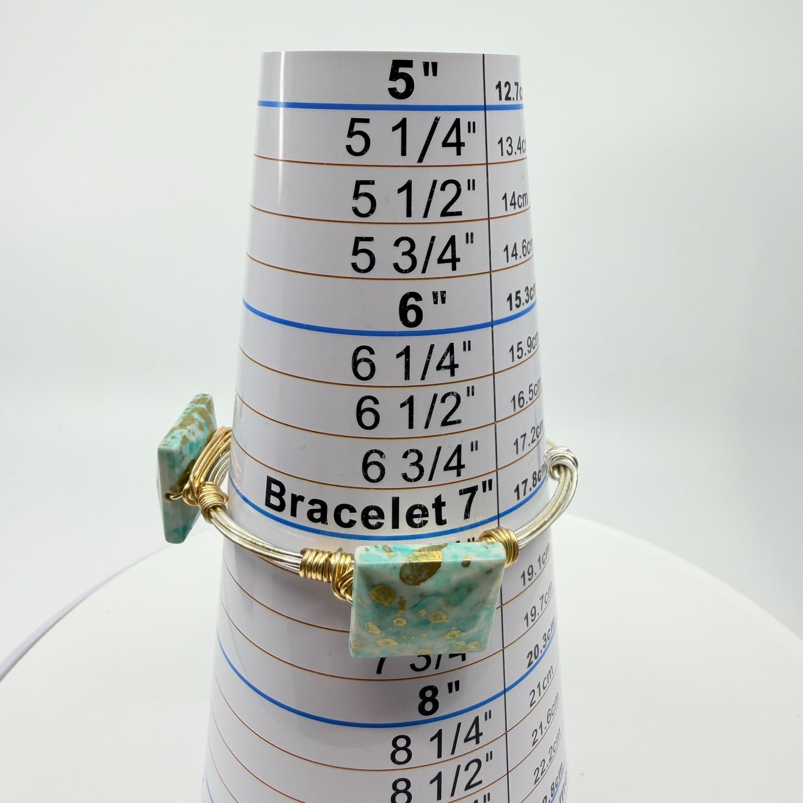 Vintage Wire Wrapped Turquoise Gold Tone Flake Faux Stone Square Bangle Bracelet - Thumbnail 8