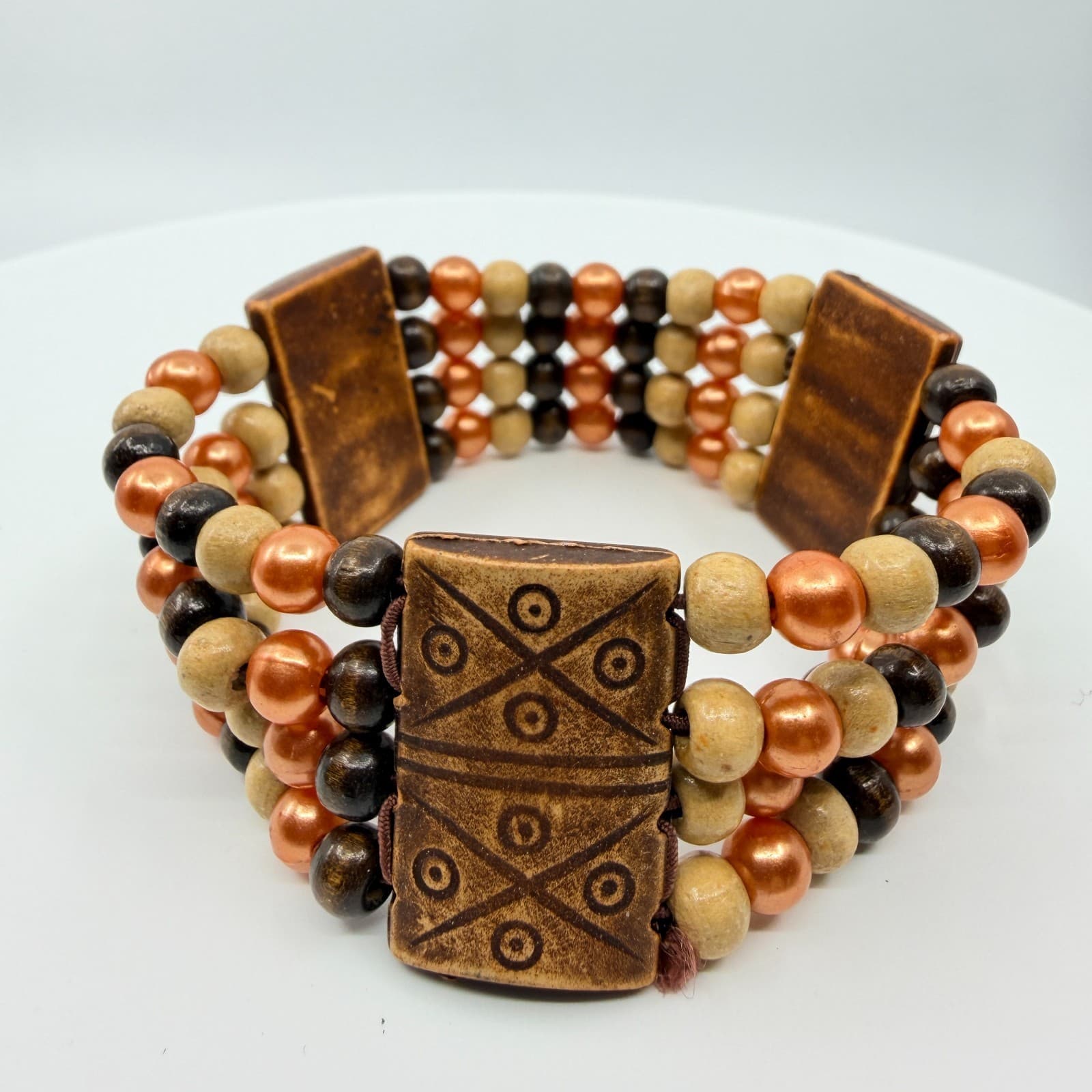 Vintage Multi Strand Wood Bead Cuff Bracelet Brown Copper Tone Tribal Boho Retro - Thumbnail 2