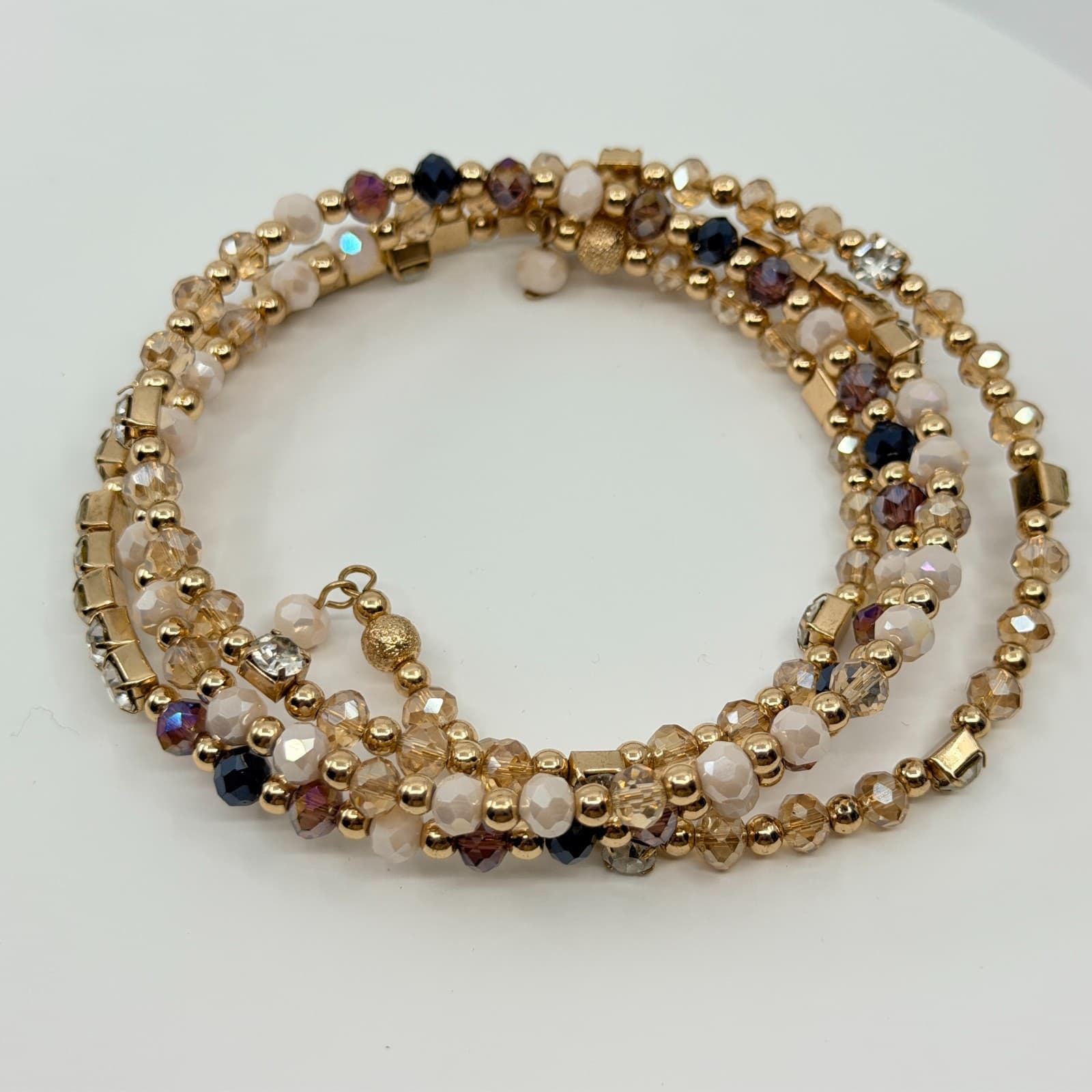 Vintage Y2K Gold Tone Rhinestone Crystal Champagne Beaded Wrap Bracelet Retro - Thumbnail 7