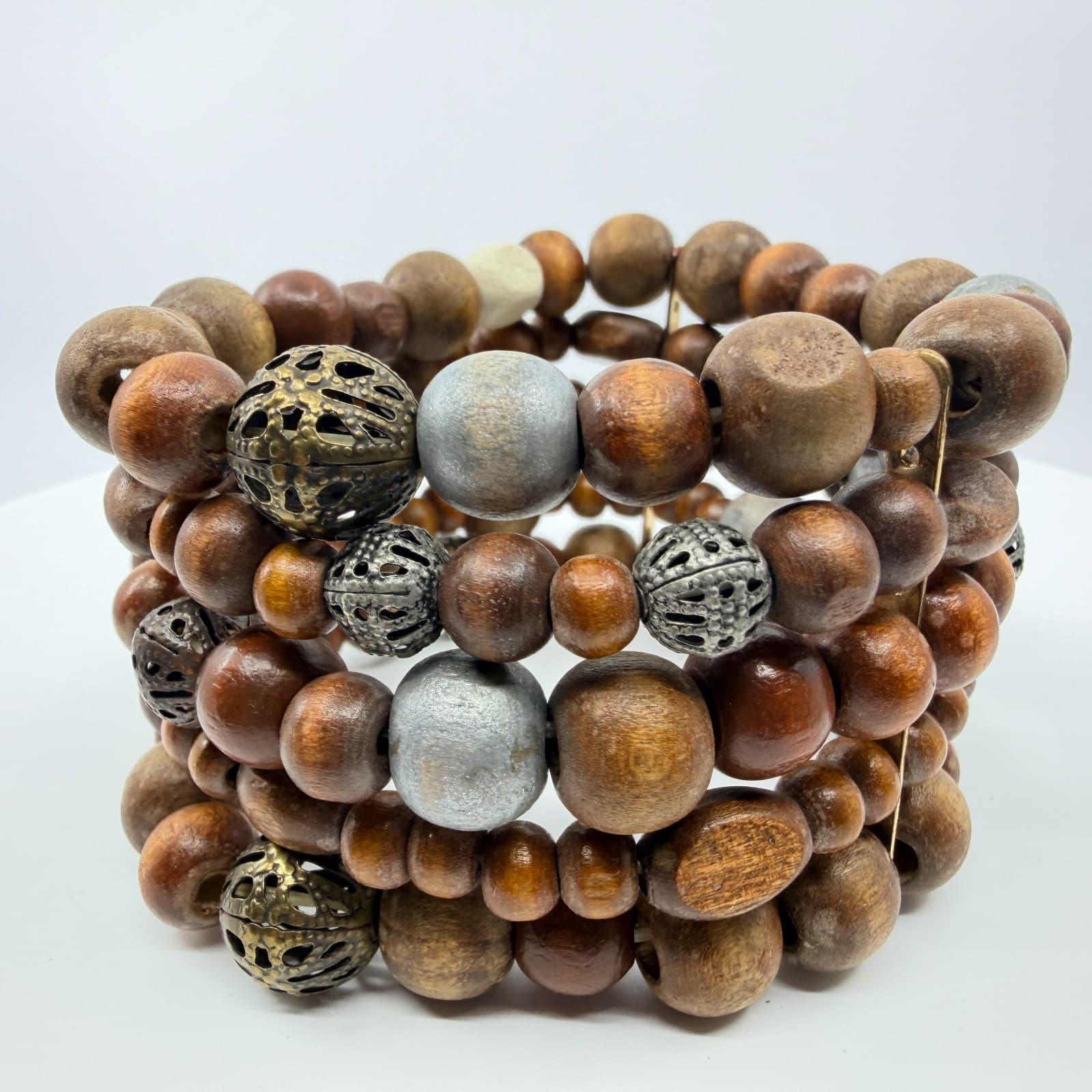 Vintage Boho Multi Row Natural Wood Bead Memory Wire Cuff Bracelet Filigree - Thumbnail 3