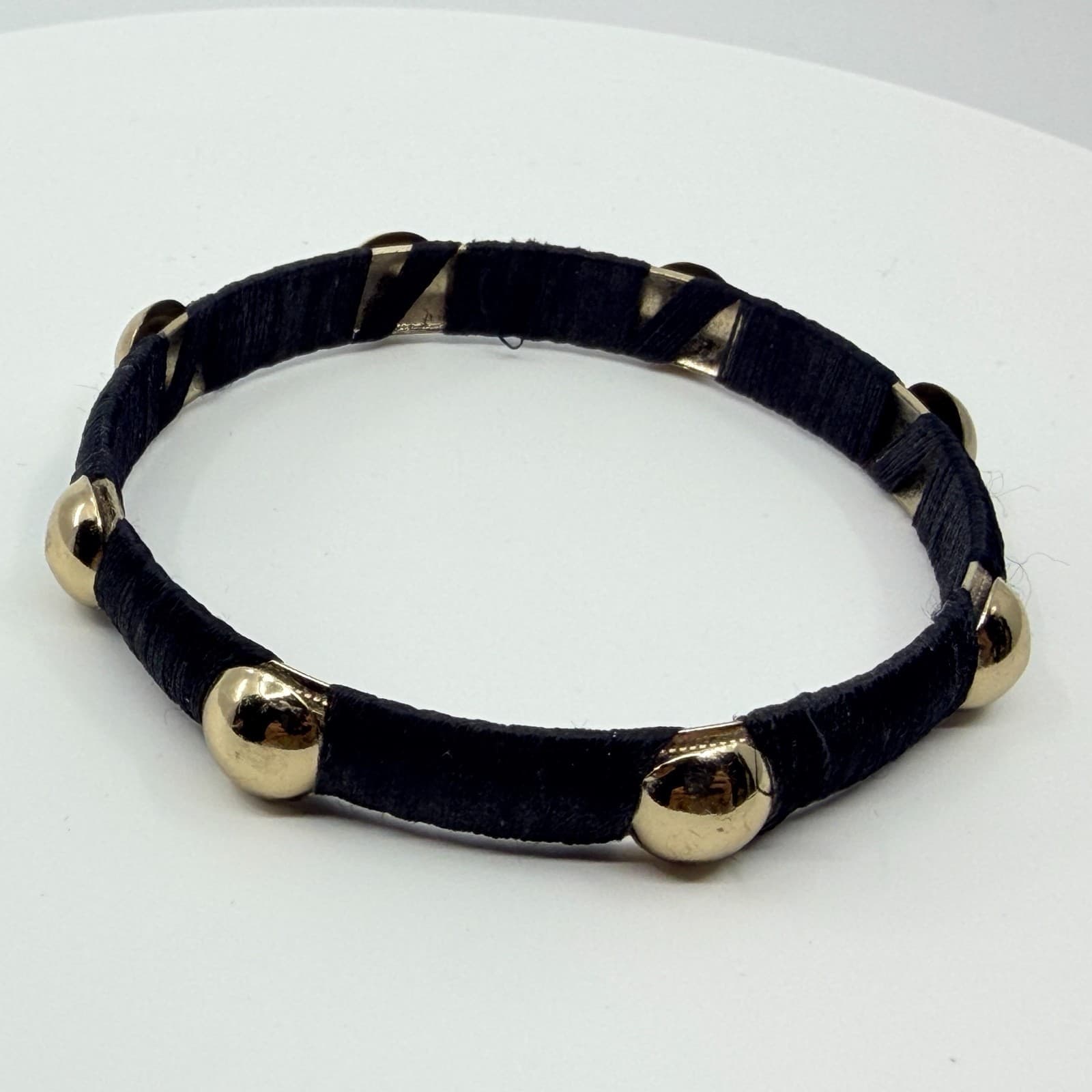 Vintage Black Silk Thread Wrapped Gold Tone Studded Bangle Bracelet Classic - Thumbnail 6