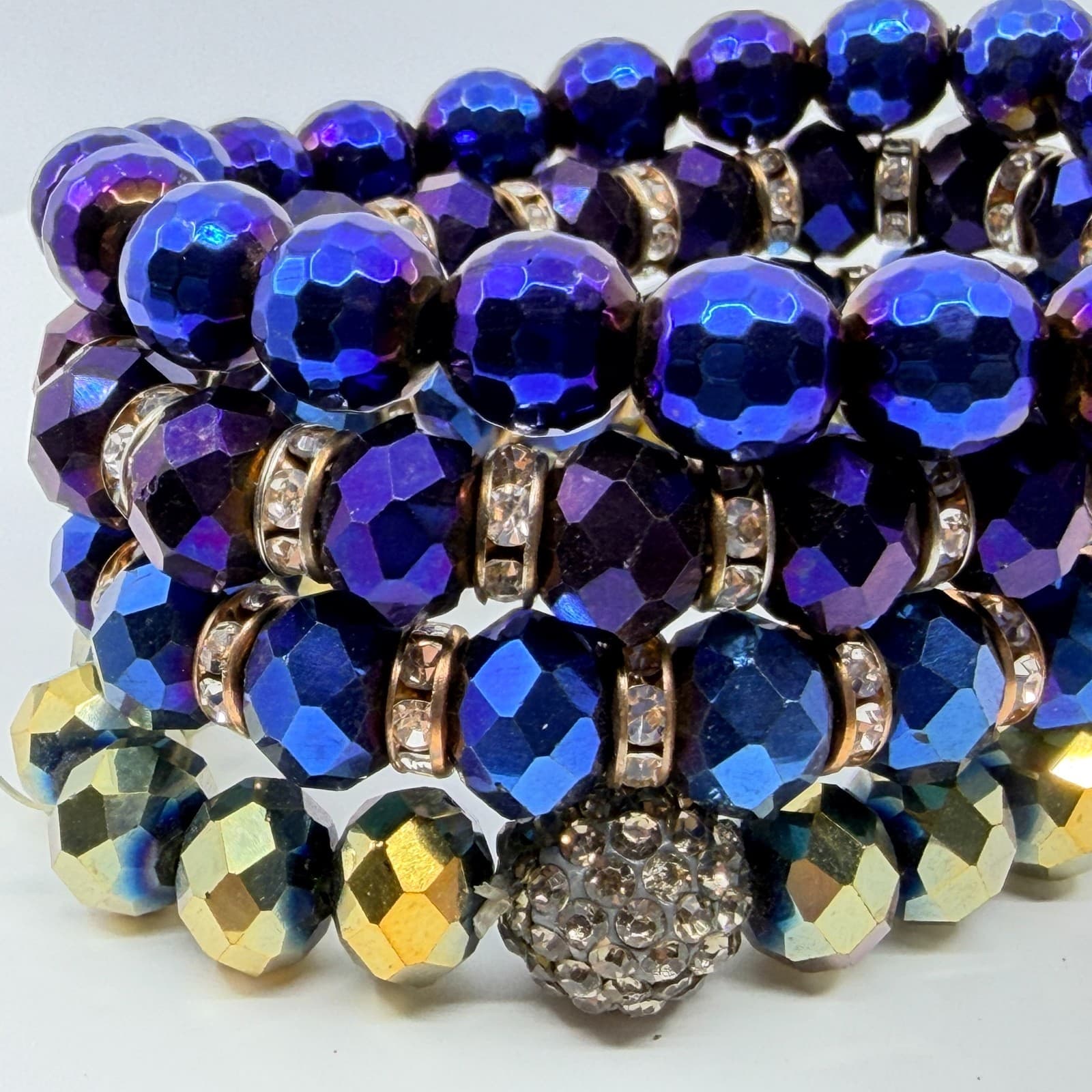 VTG Iridescent Blue Purple Crystal Bead Stretch Bracelet Chandelier Earrings Set - Thumbnail 7