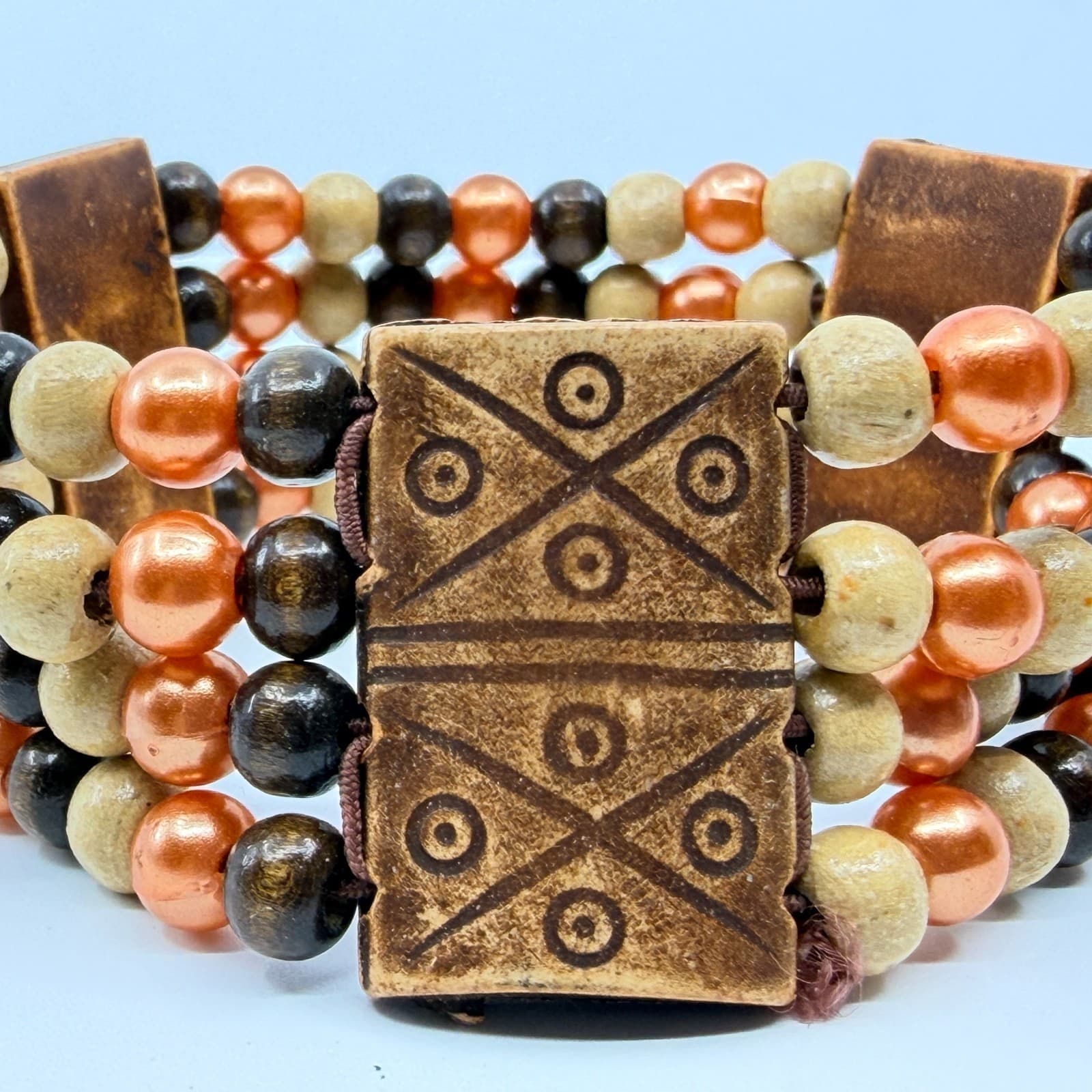 Vintage Multi Strand Wood Bead Cuff Bracelet Brown Copper Tone Tribal Boho Retro - Thumbnail 4