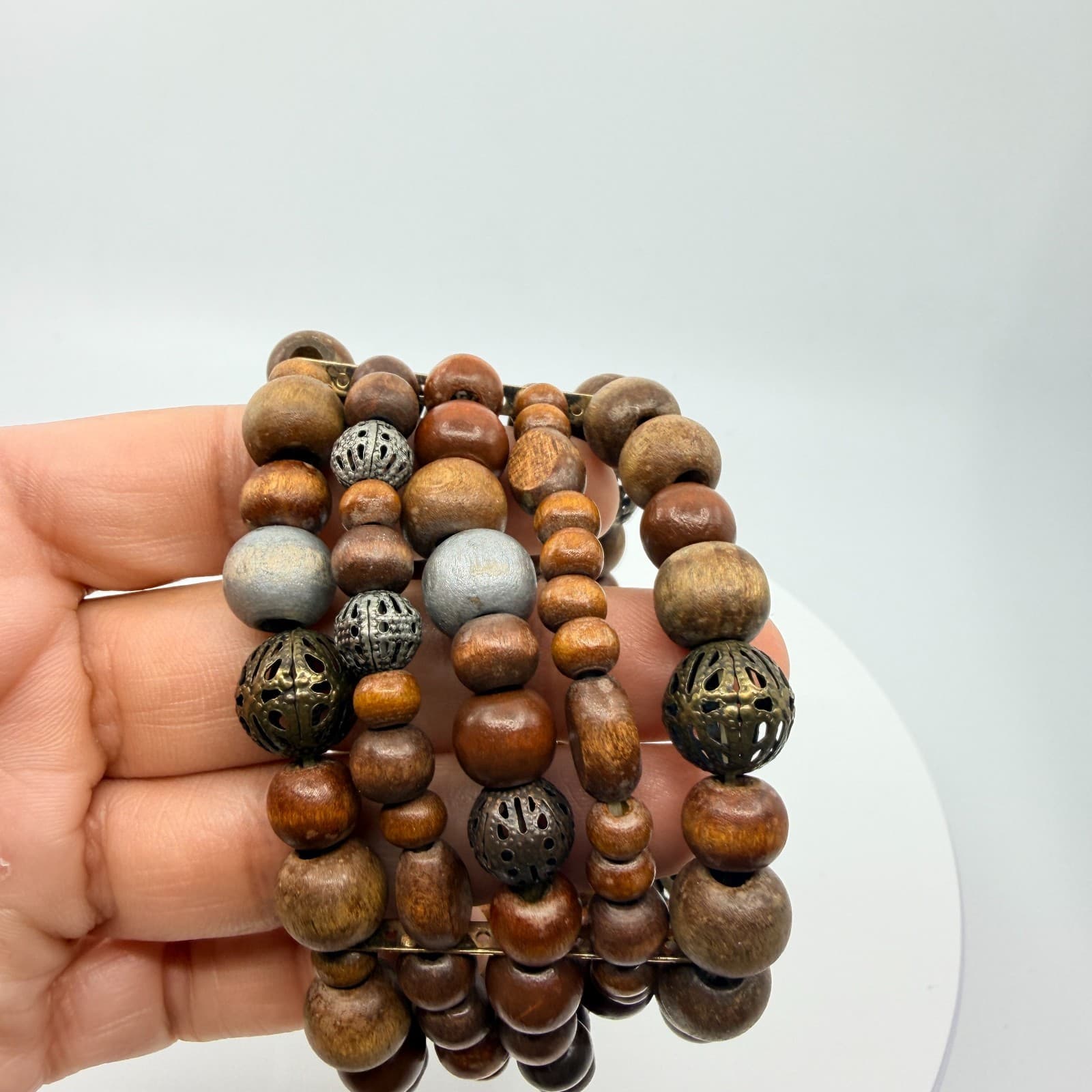 Vintage Boho Multi Row Natural Wood Bead Memory Wire Cuff Bracelet Filigree - Thumbnail 8