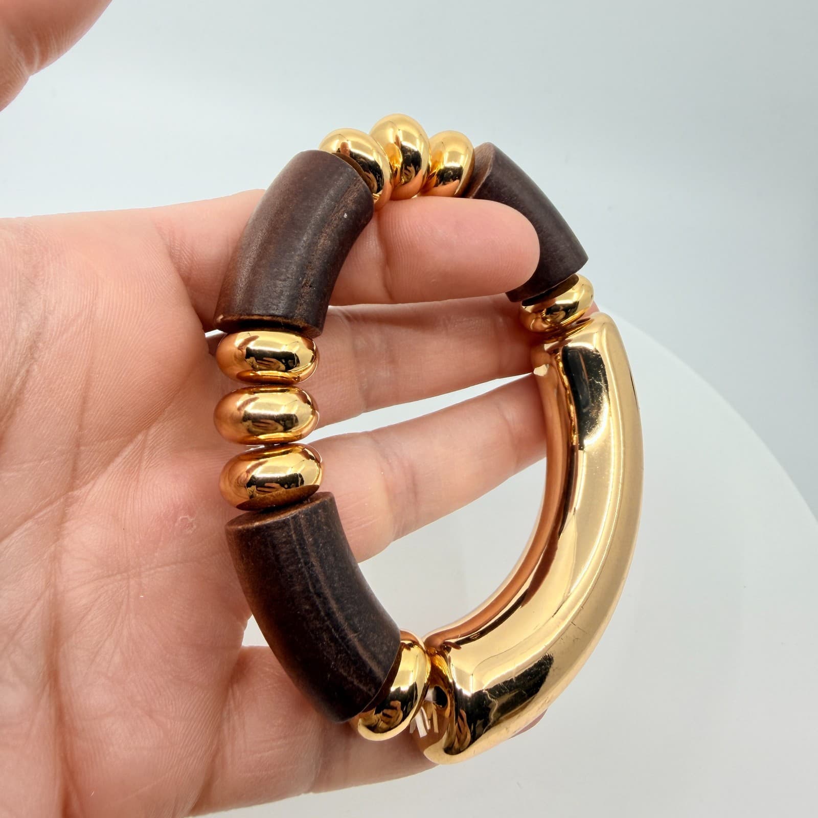 Vintage Retro Chunky Wood Gold Tone Stretch Bracelet Statement Geometric Beaded - Thumbnail 8