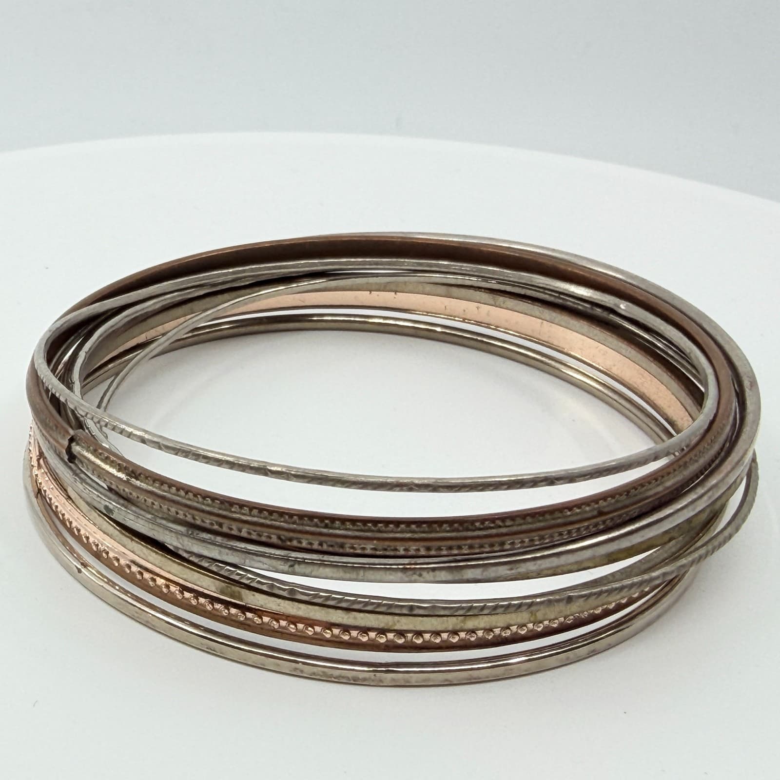 VTG Retro Mixed Metal Stacking Bangle Bracelet Set Tri Tone Textured Geometric - Thumbnail 5