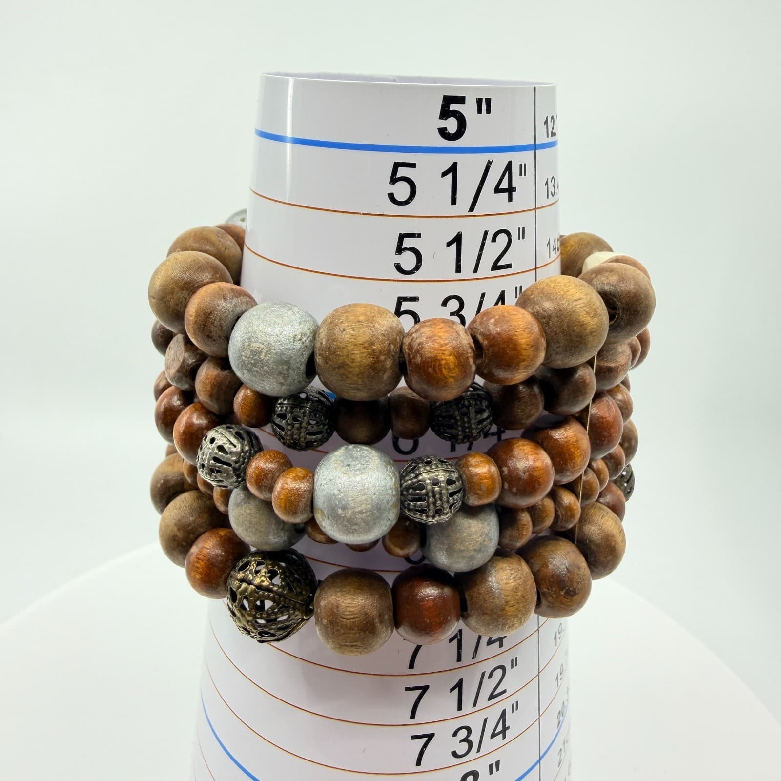 Vintage Boho Multi Row Natural Wood Bead Memory Wire Cuff Bracelet Filigree - Thumbnail 9