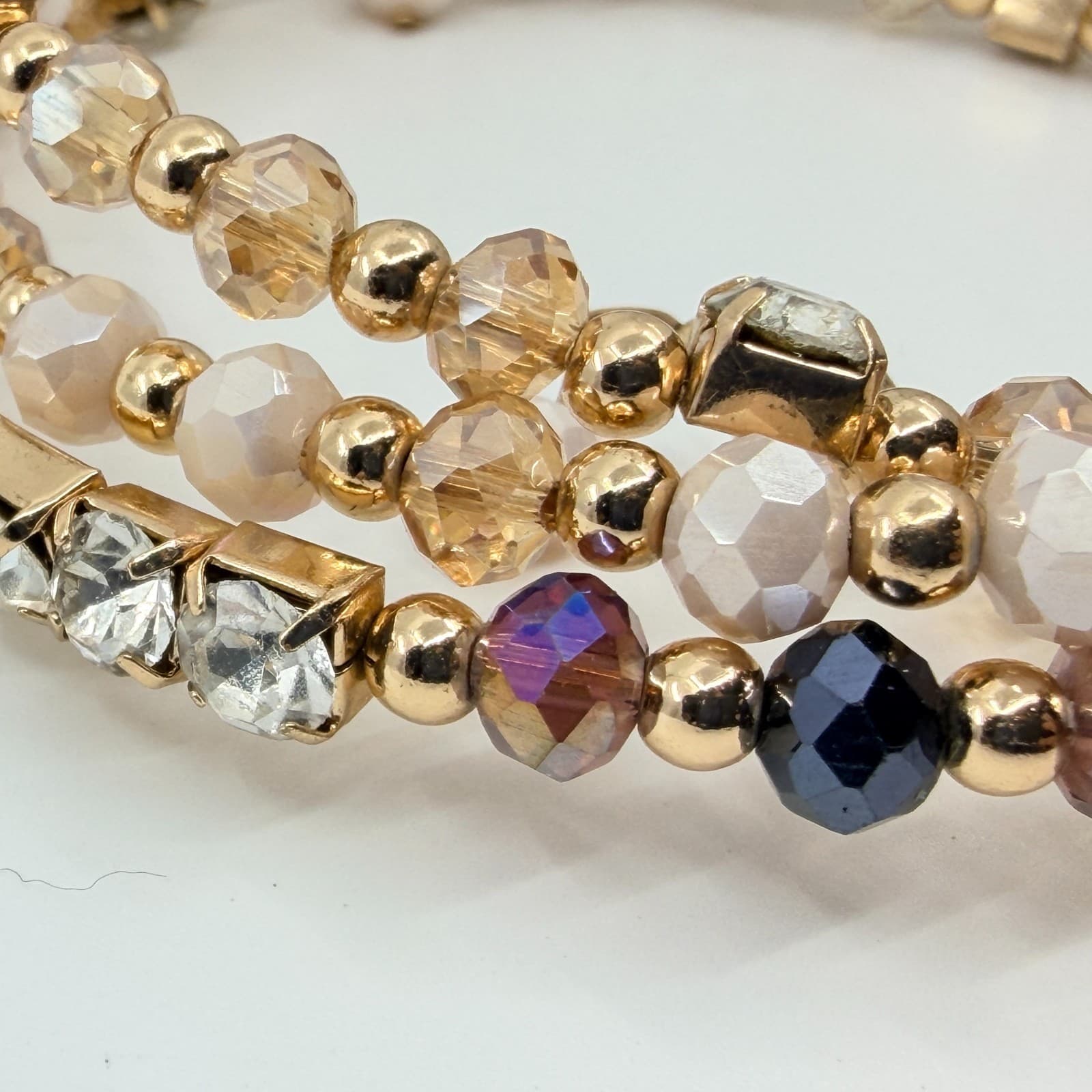 Vintage Y2K Gold Tone Rhinestone Crystal Champagne Beaded Wrap Bracelet Retro - Thumbnail 4