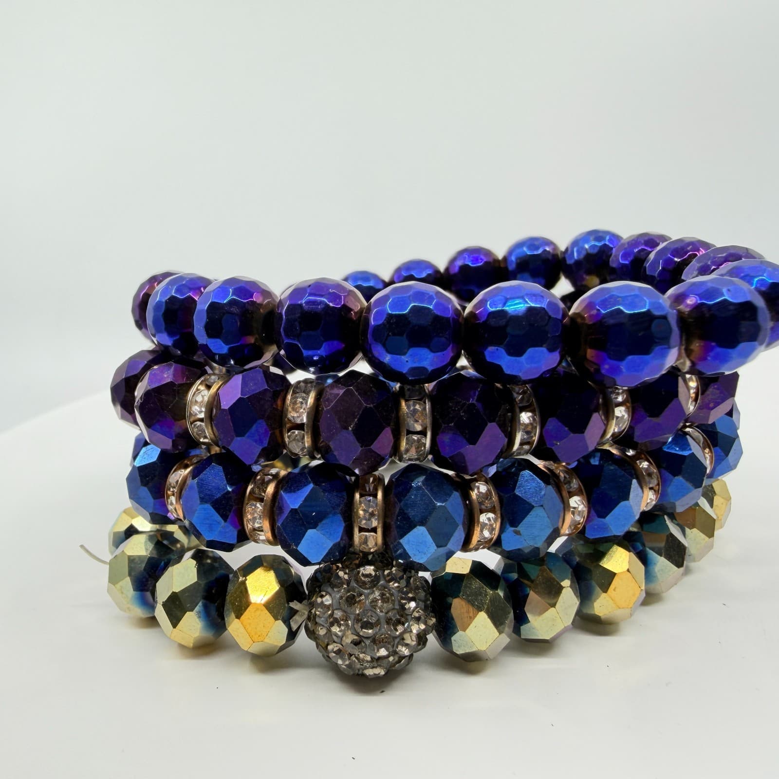 VTG Iridescent Blue Purple Crystal Bead Stretch Bracelet Chandelier Earrings Set - Thumbnail 3