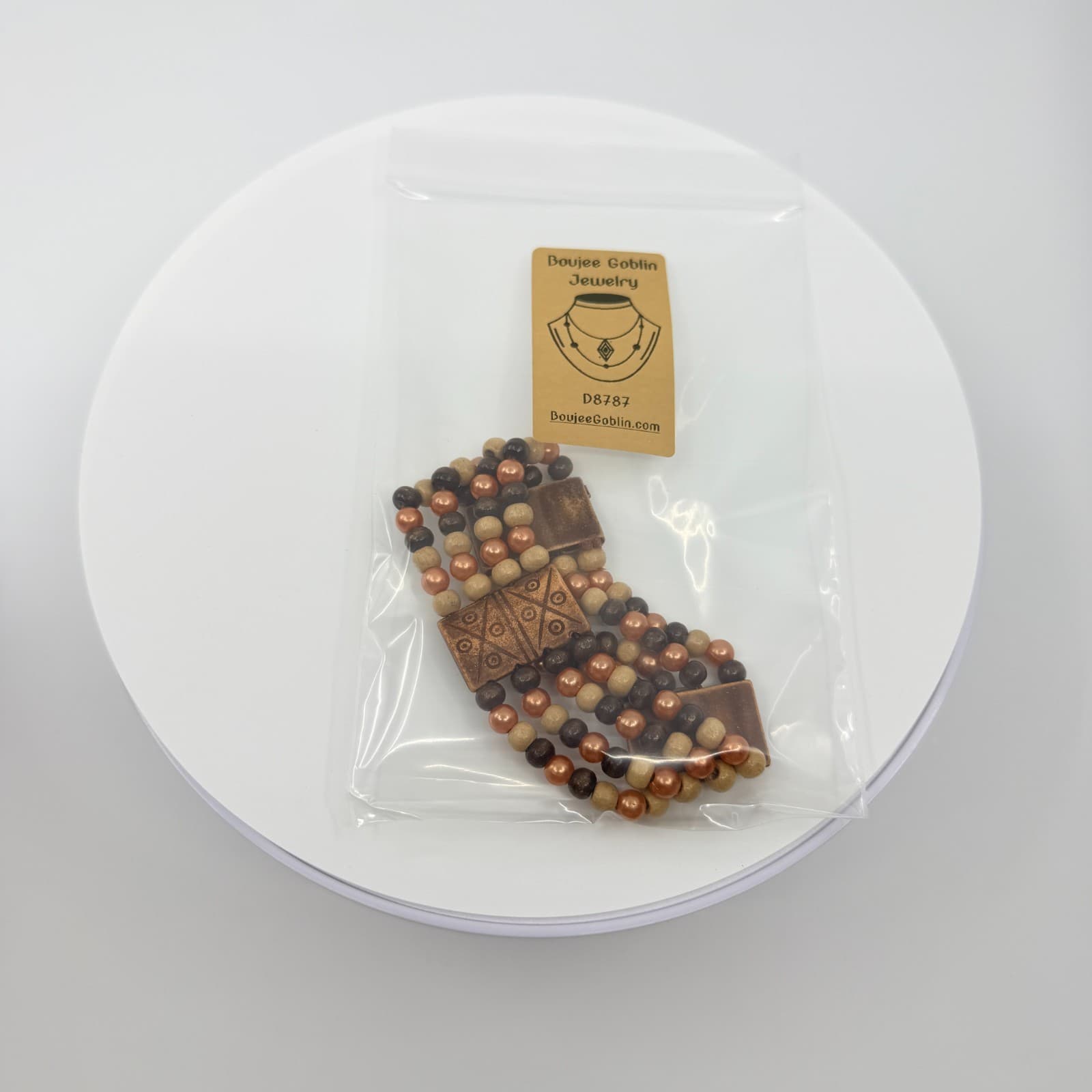 Vintage Multi Strand Wood Bead Cuff Bracelet Brown Copper Tone Tribal Boho Retro - Thumbnail 10