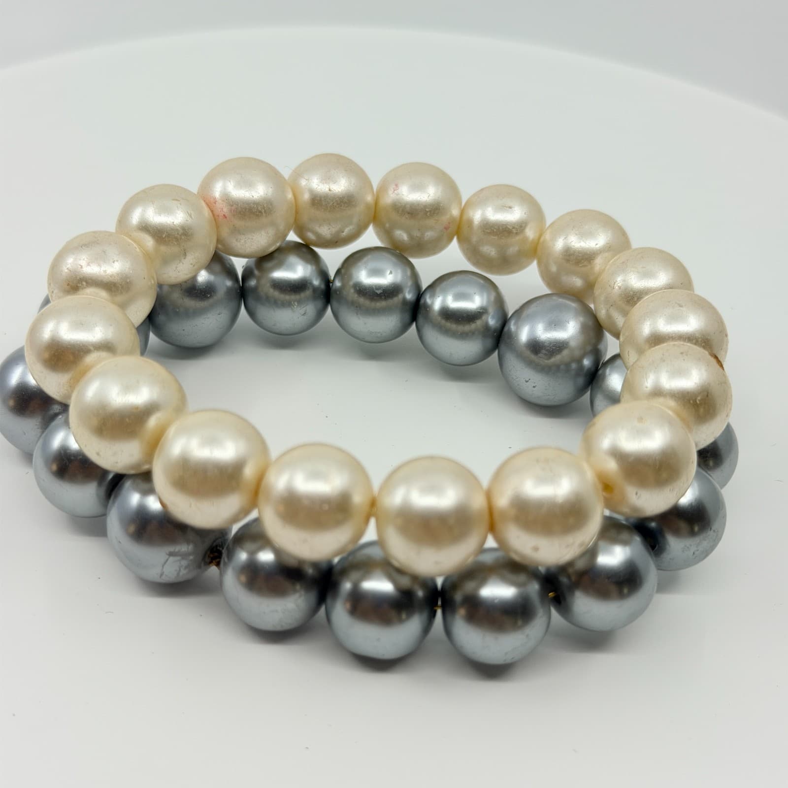 Vintage Chunky Faux Pearl Stretch Bracelet Set Cream Off White Grey Two Piece - Thumbnail 4