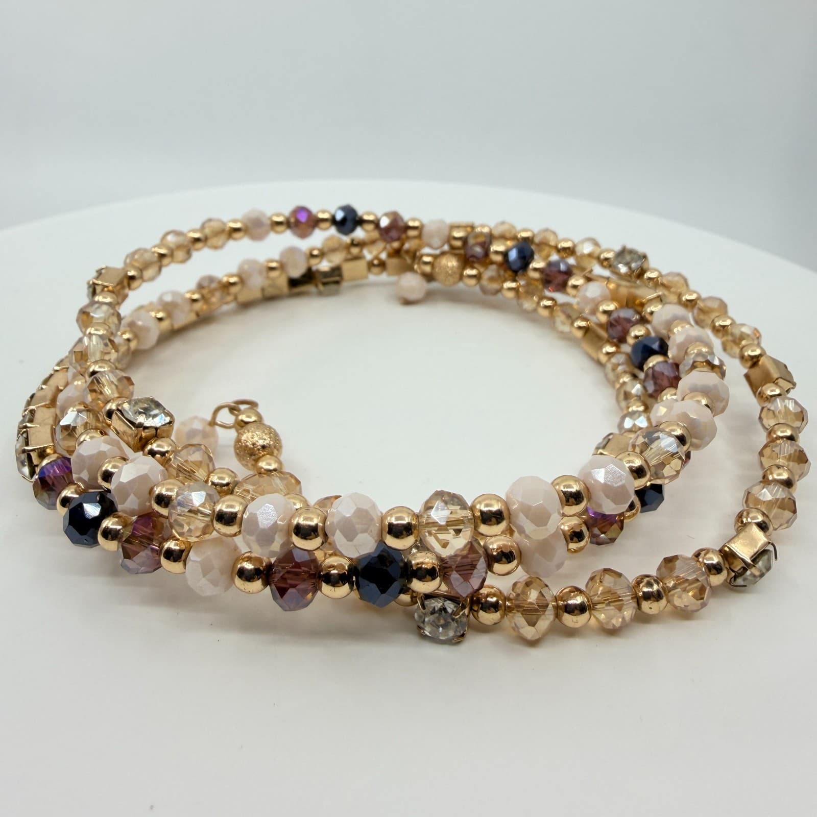 Vintage Y2K Gold Tone Rhinestone Crystal Champagne Beaded Wrap Bracelet Retro - Thumbnail 2