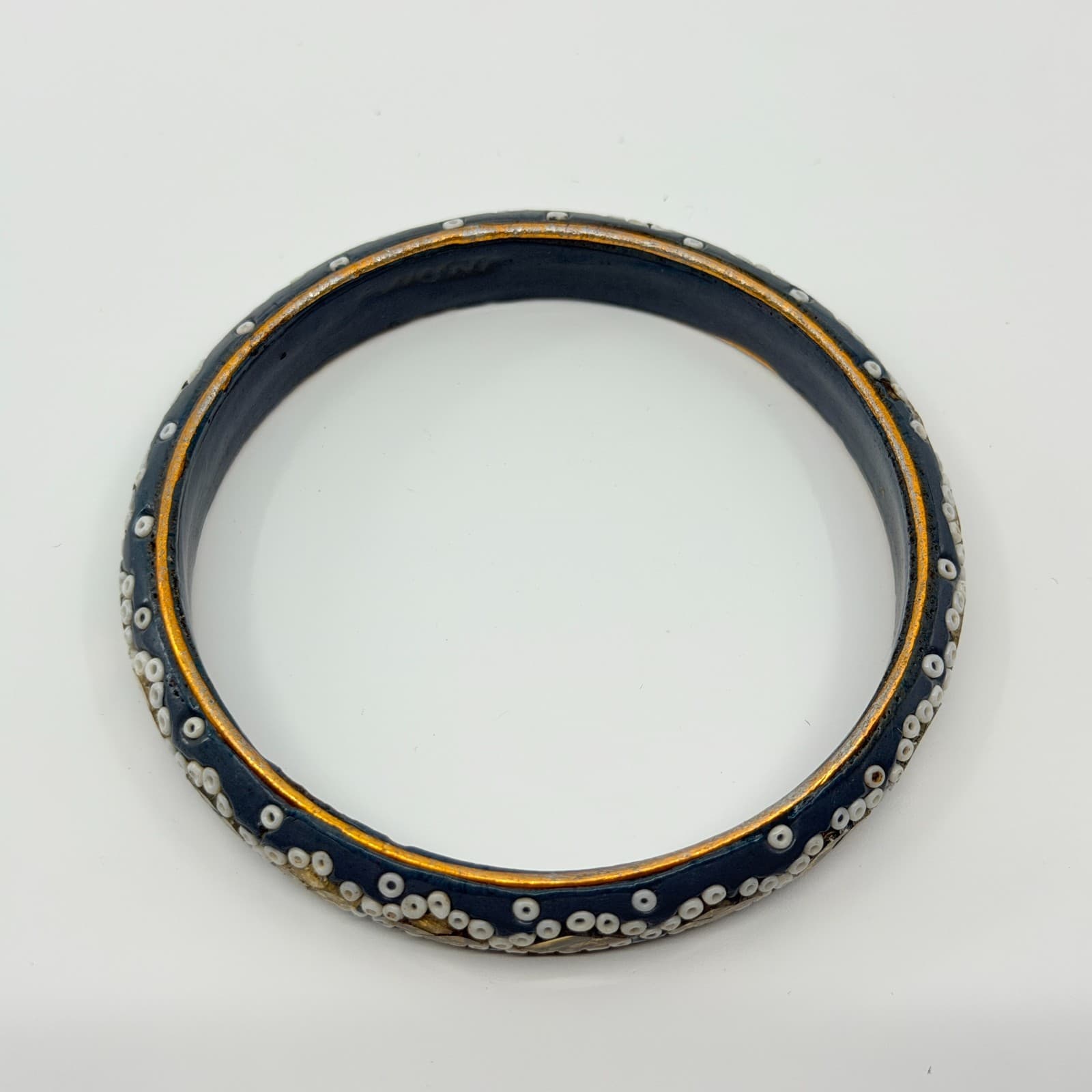 Vintage Lac Resin Bead Bangle Bracelet Grey White Gold Tone Foil Mosaic Boho - Thumbnail 8