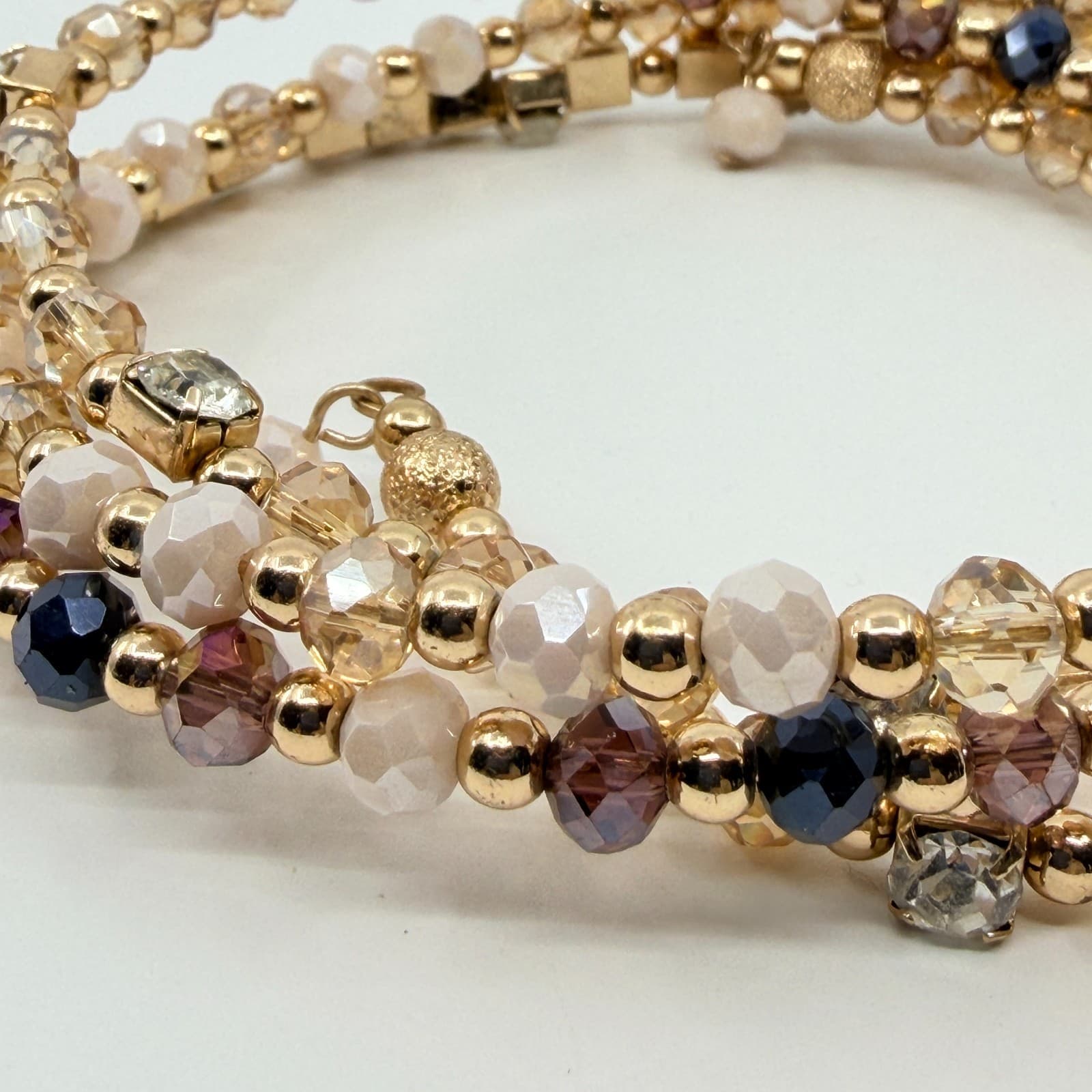 Vintage Y2K Gold Tone Rhinestone Crystal Champagne Beaded Wrap Bracelet Retro - Thumbnail 3