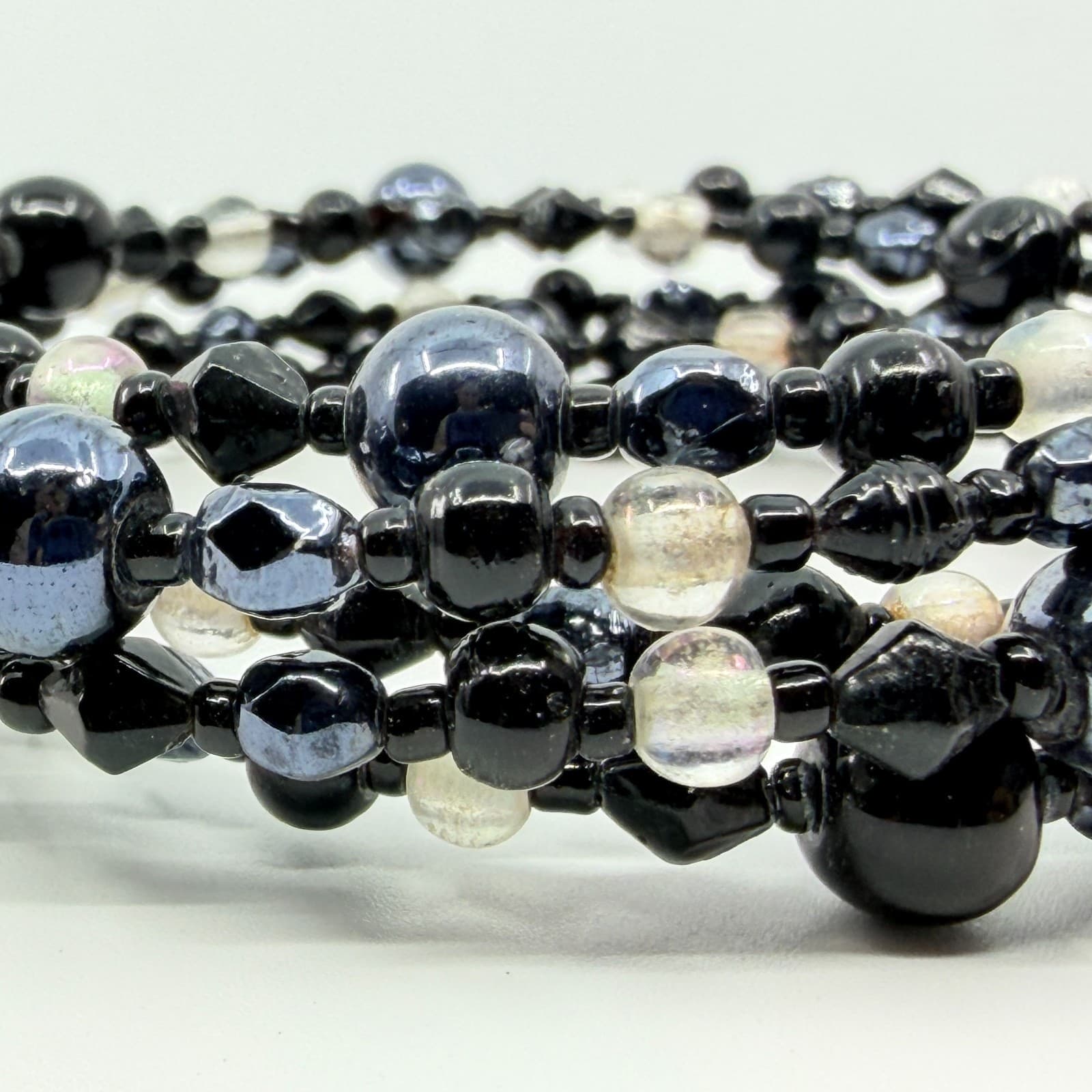 Vintage Y2K Black Gunmetal Clear Beaded Multi Layer Wrap Memory Wire Bracelet - Thumbnail 5
