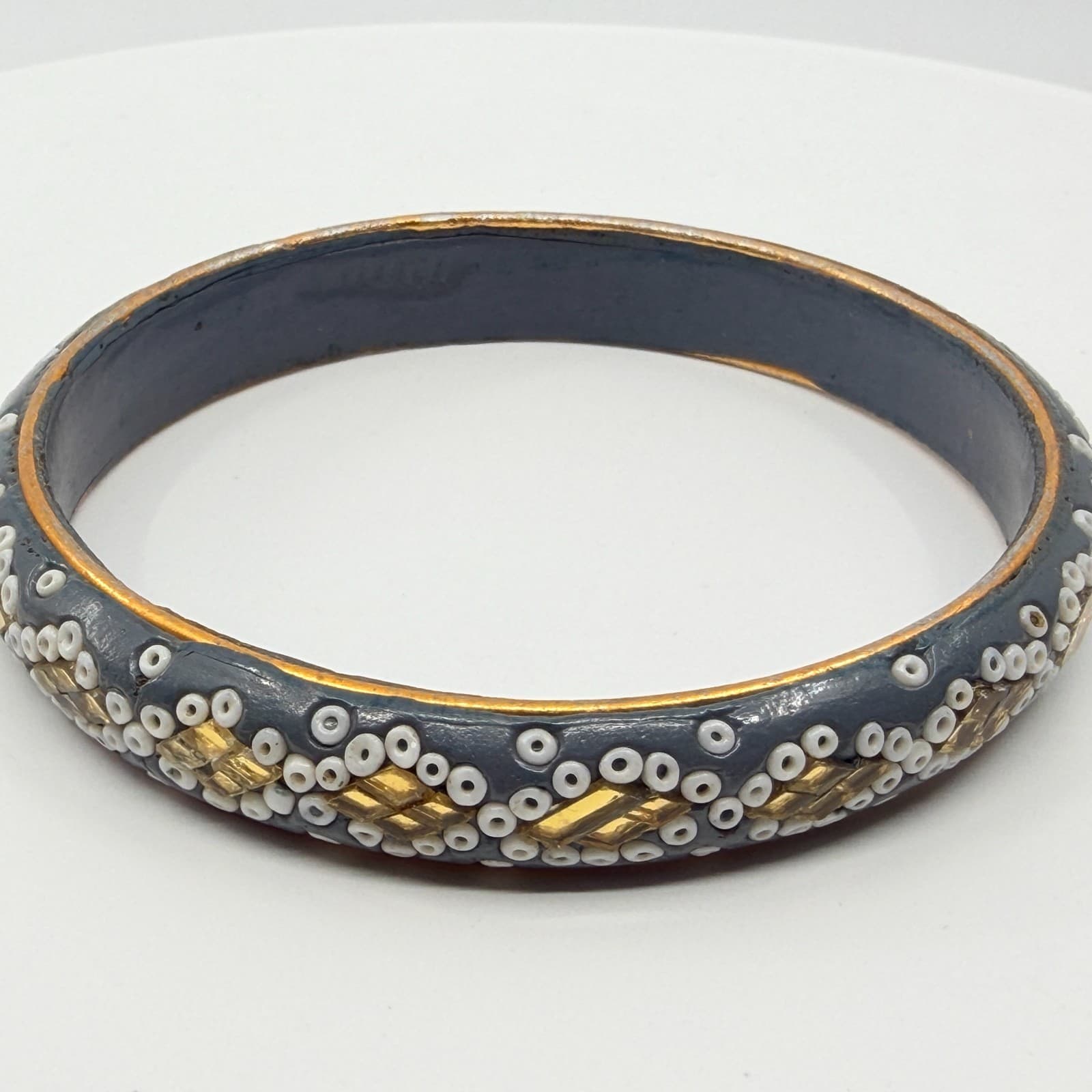 Vintage Lac Resin Bead Bangle Bracelet Grey White Gold Tone Foil Mosaic Boho - Thumbnail 9