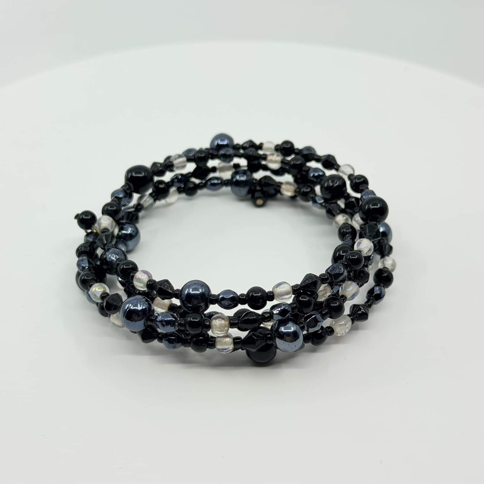 Vintage Y2K Black Gunmetal Clear Beaded Multi Layer Wrap Memory Wire Bracelet - Thumbnail 6