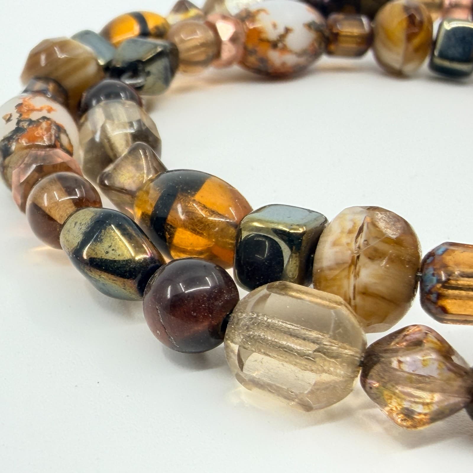 Vintage Boho Earth Tone Amber Tone Brown Agate Style Glass Beaded Wrap Bracelet - Thumbnail 4