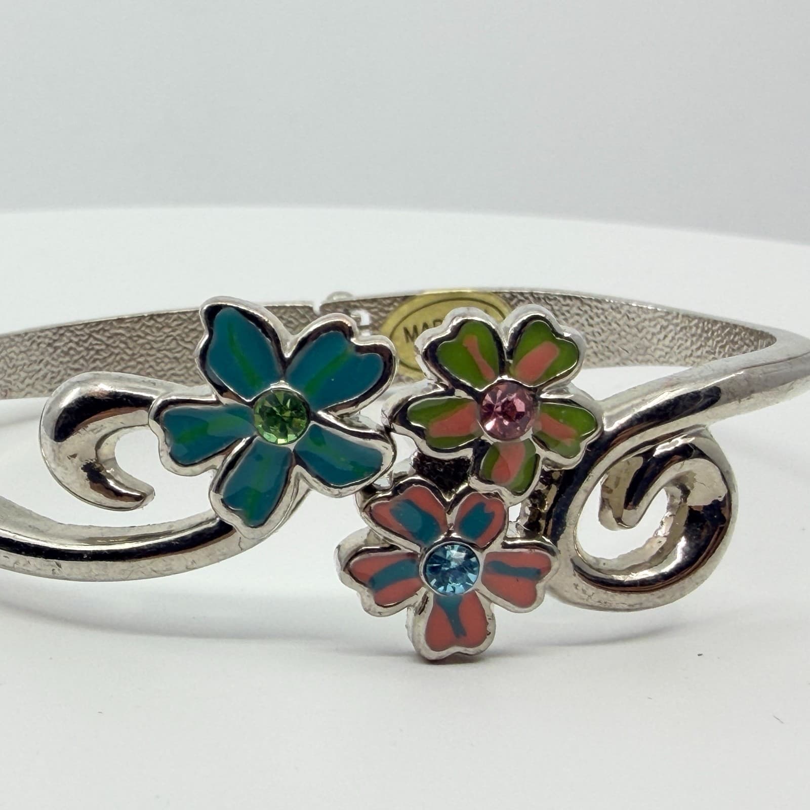Vintage Y2K Silver Tone Enamel Floral Hinge Bangle Bracelet Colorful Rhinestones - Thumbnail 3