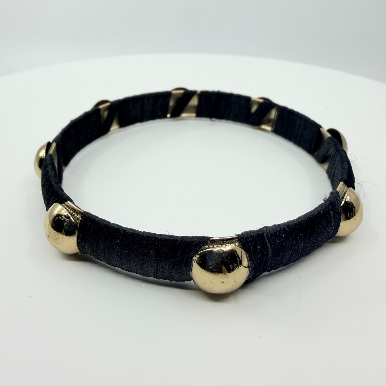 Vintage Black Silk Thread Wrapped Gold Tone Studded Bangle Bracelet Classic - Thumbnail 3
