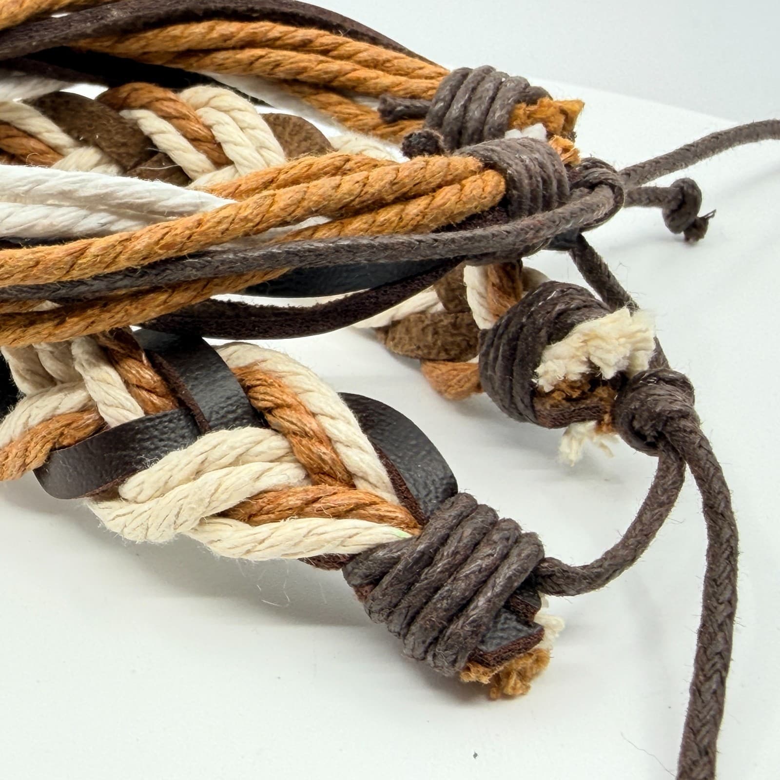 Vintage Boho Multi Strand Leather Rope Bracelet Brown Cream Stacked Unisex Retro - Thumbnail 8